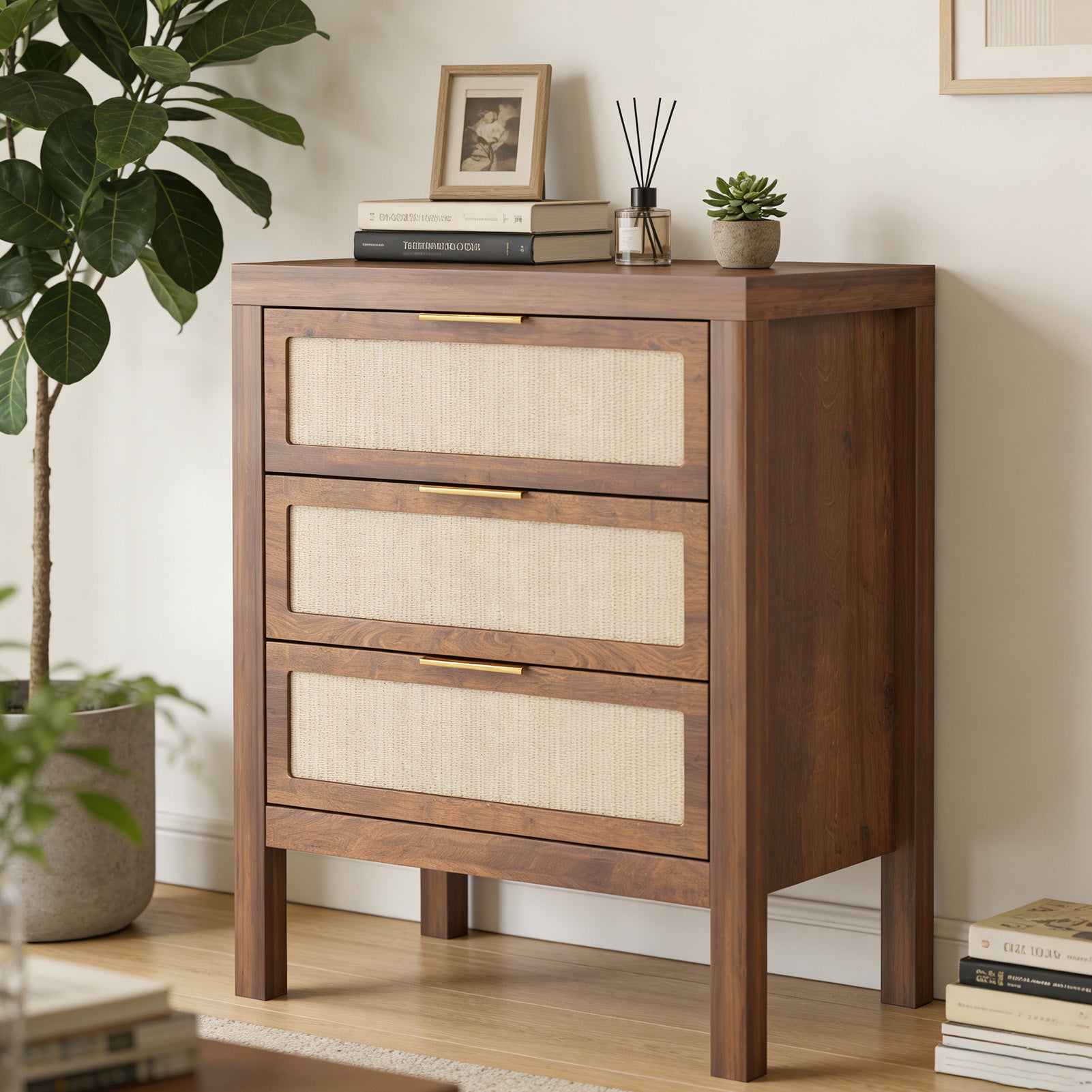 Modern Rattan Accent Nightstand 3 Drawer Wood Bedside Table End Chest