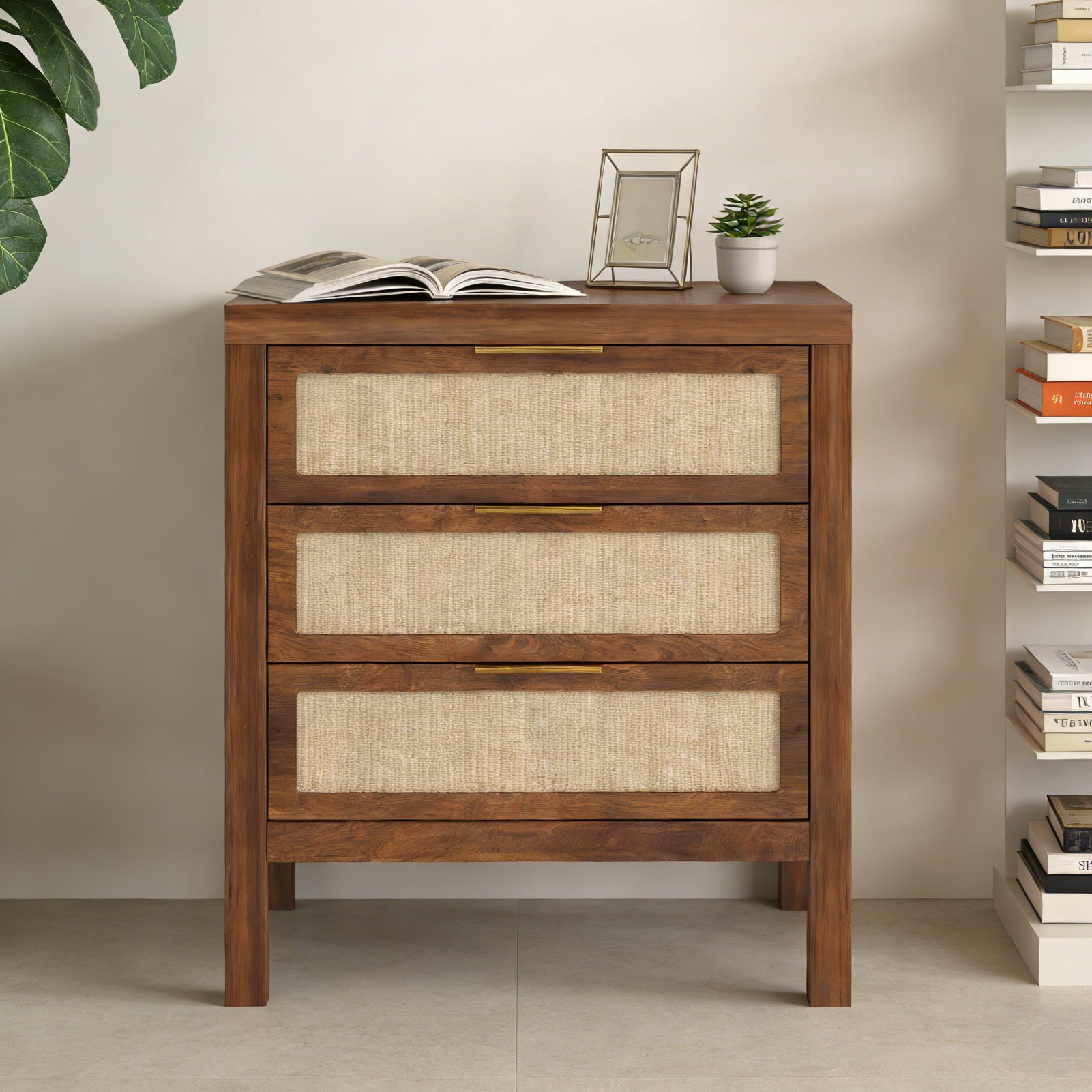 Modern Rattan Accent Nightstand 3 Drawer Wood Bedside Table End Chest
