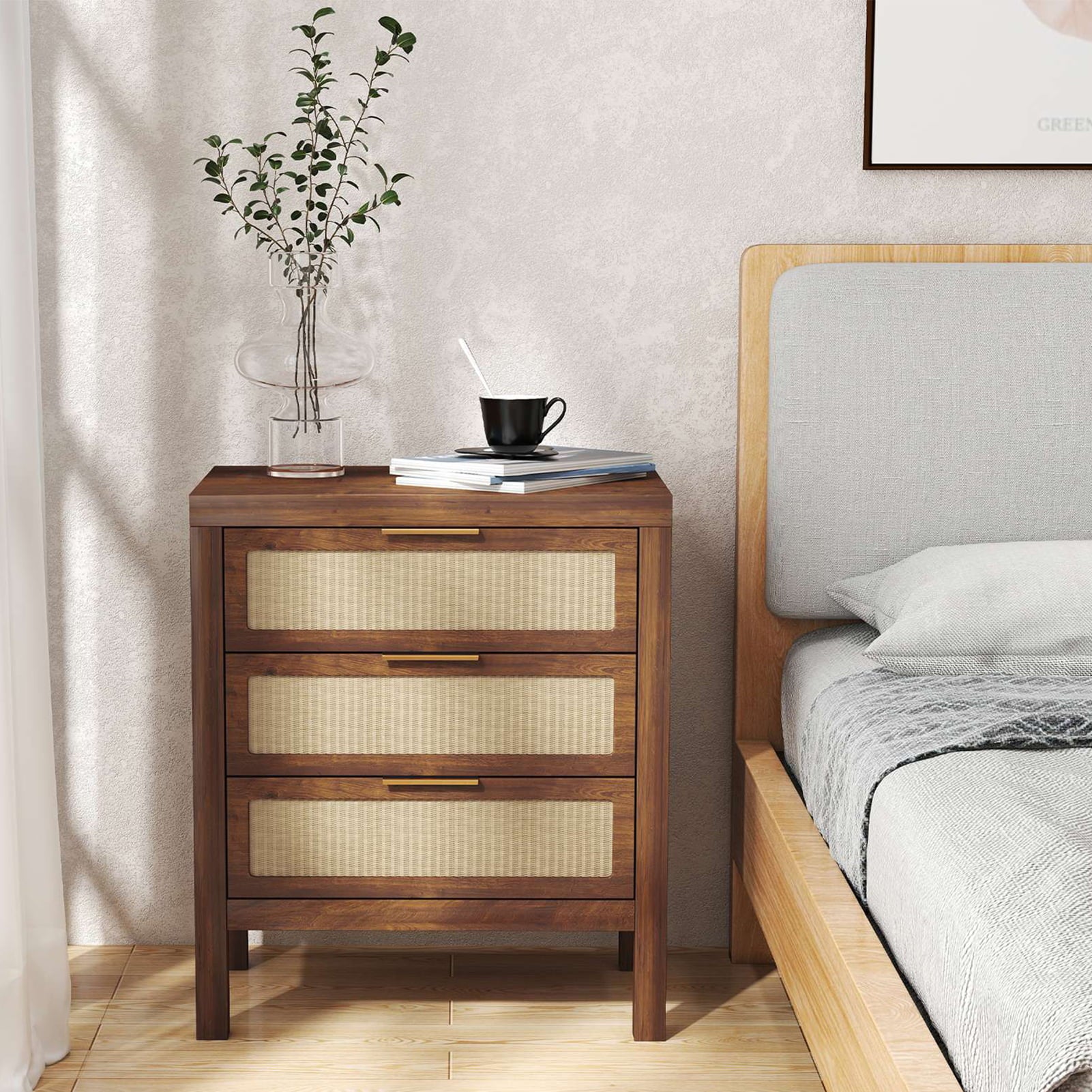 Modern Rattan Accent Nightstand 3 Drawer Wood Bedside Table End Chest