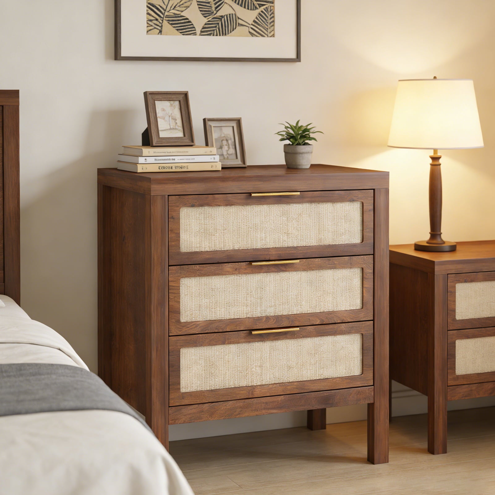 Modern Rattan Accent Nightstand 3 Drawer Wood Bedside Table End Chest