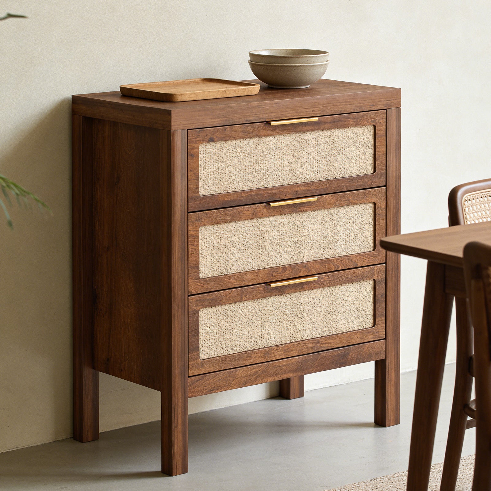 Modern Rattan Accent Nightstand 3 Drawer Wood Bedside Table End Chest