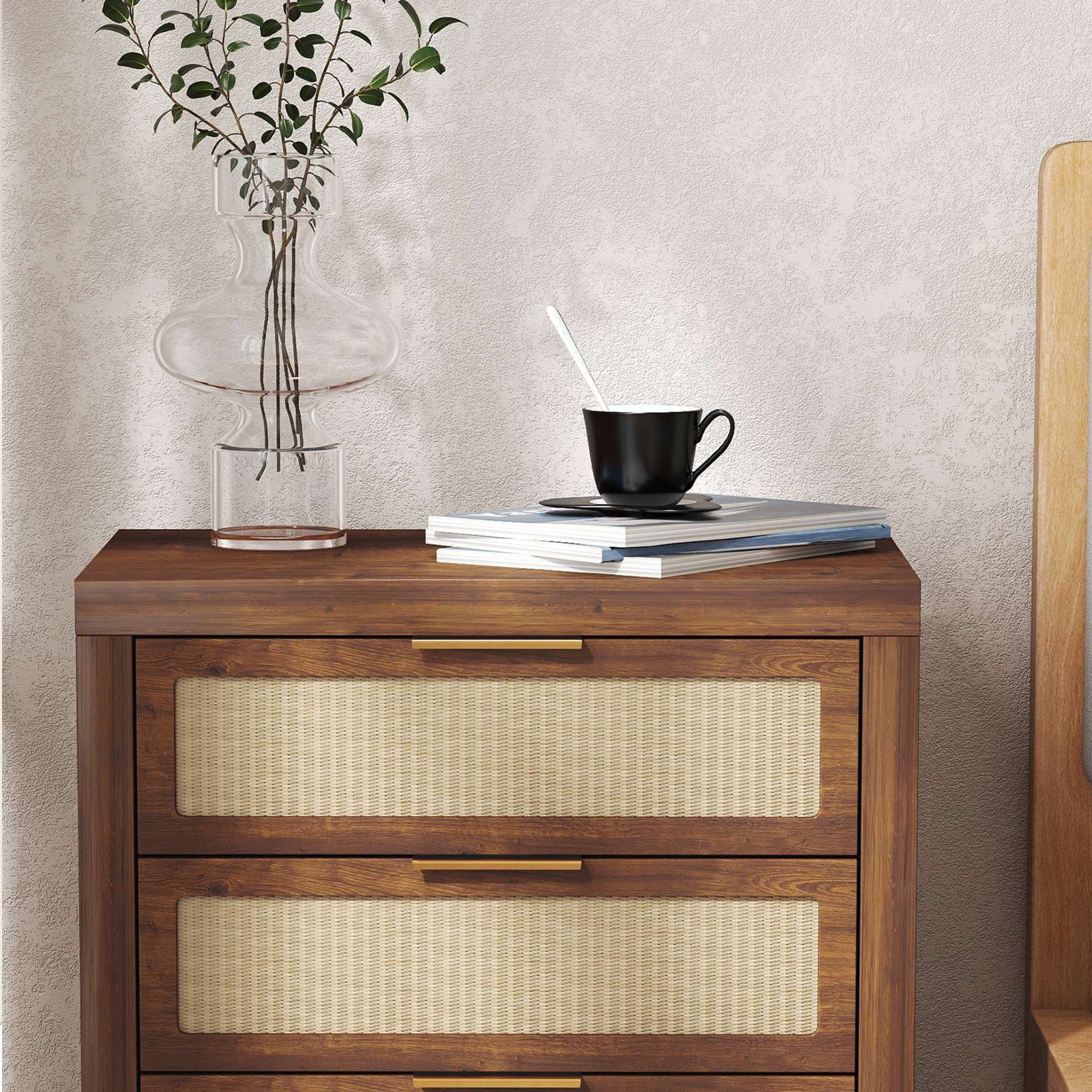 Modern Rattan Accent Nightstand 3 Drawer Wood Bedside Table End Chest