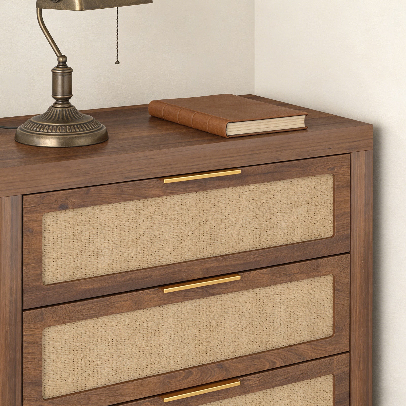 Modern Rattan Accent Nightstand 3 Drawer Wood Bedside Table End Chest