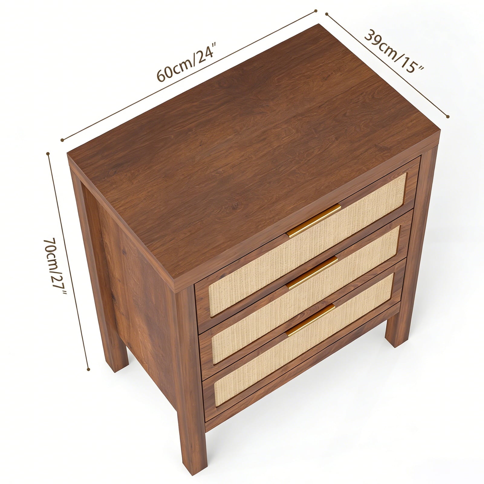 Modern Rattan Accent Nightstand 3 Drawer Wood Bedside Table End Chest