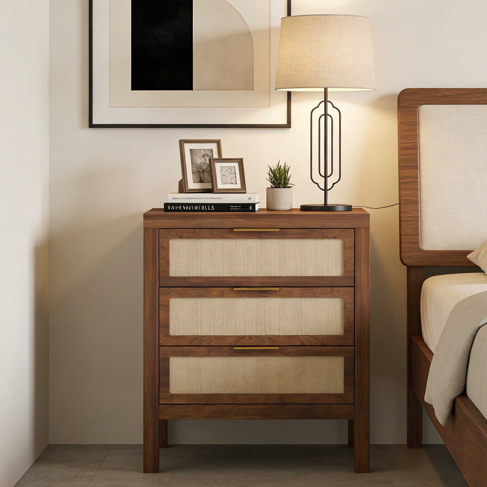 Modern Rattan Accent Nightstand 3 Drawer Wood Bedside Table End Chest