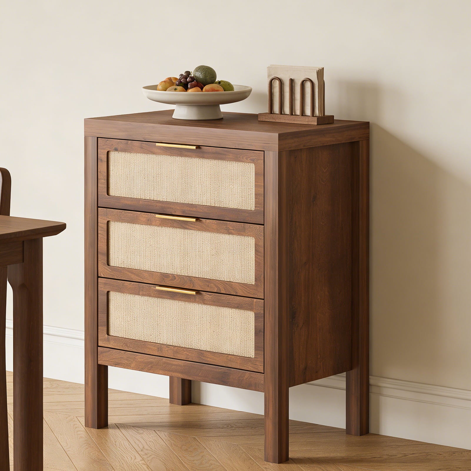 Modern Rattan Accent Nightstand 3 Drawer Wood Bedside Table End Chest