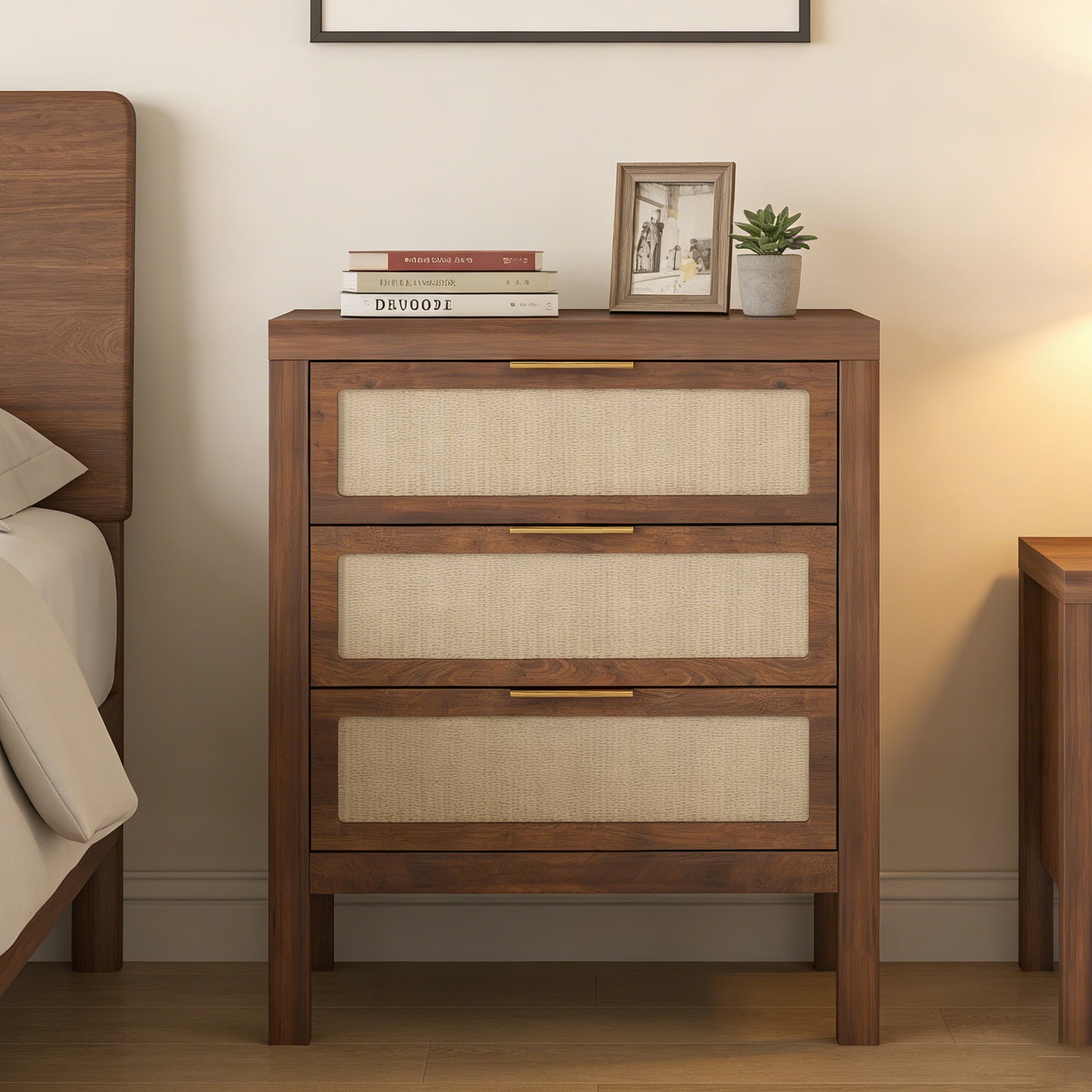 Modern Rattan Accent Nightstand 3 Drawer Wood Bedside Table End Chest