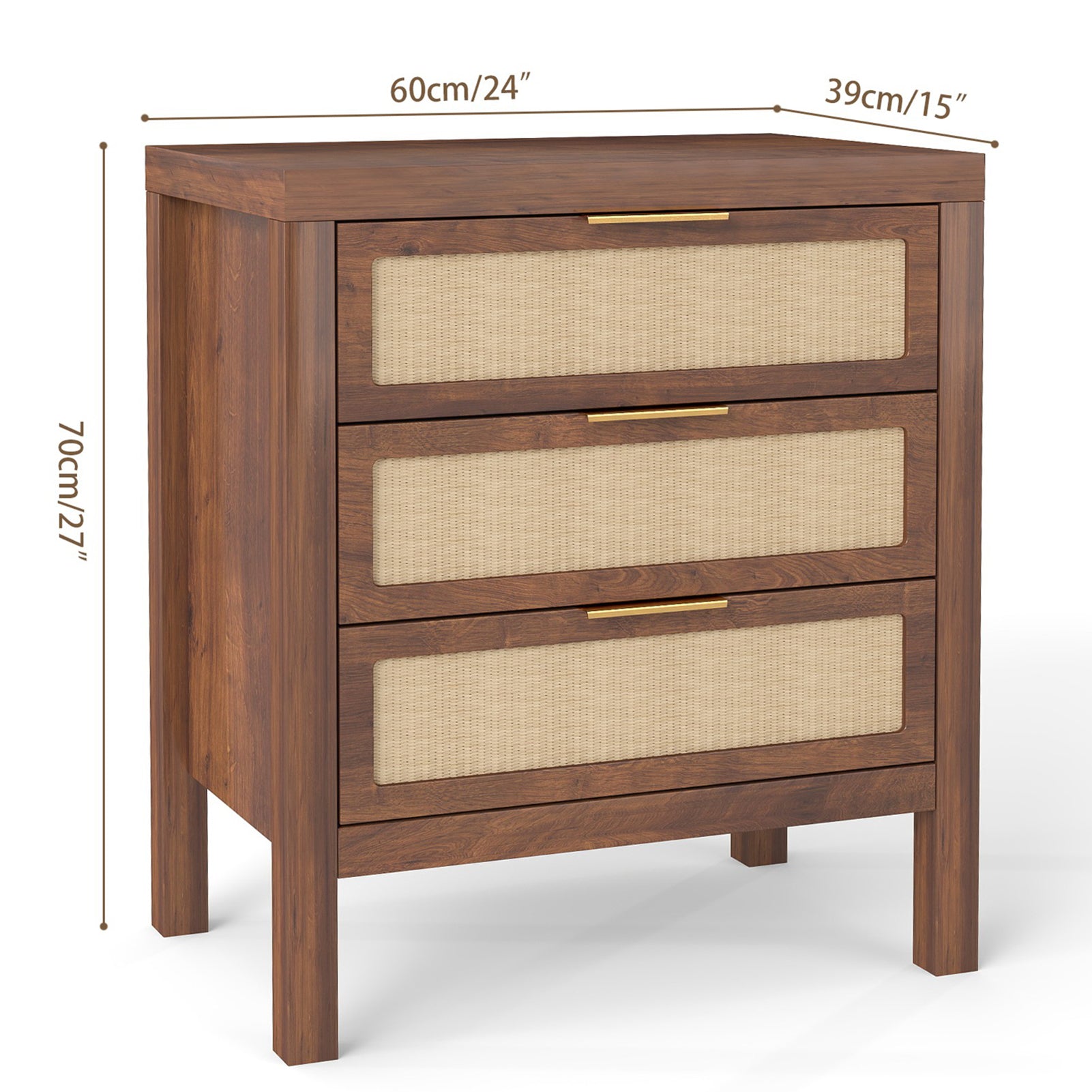 Modern Rattan Accent Nightstand 3 Drawer Wood Bedside Table End Chest