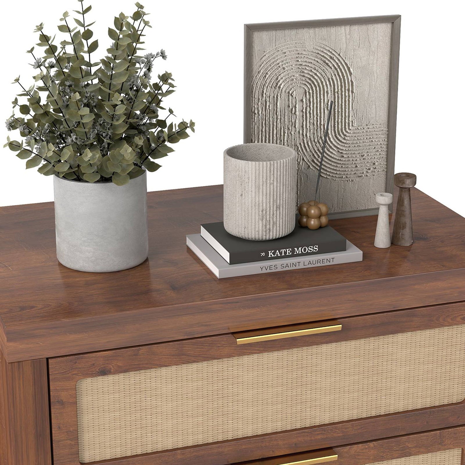 Modern Rattan Accent Nightstand 3 Drawer Wood Bedside Table End Chest