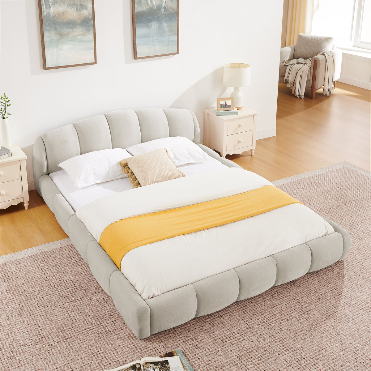 Beige Chenille Upholstered Low Profile Platform Bed Frame