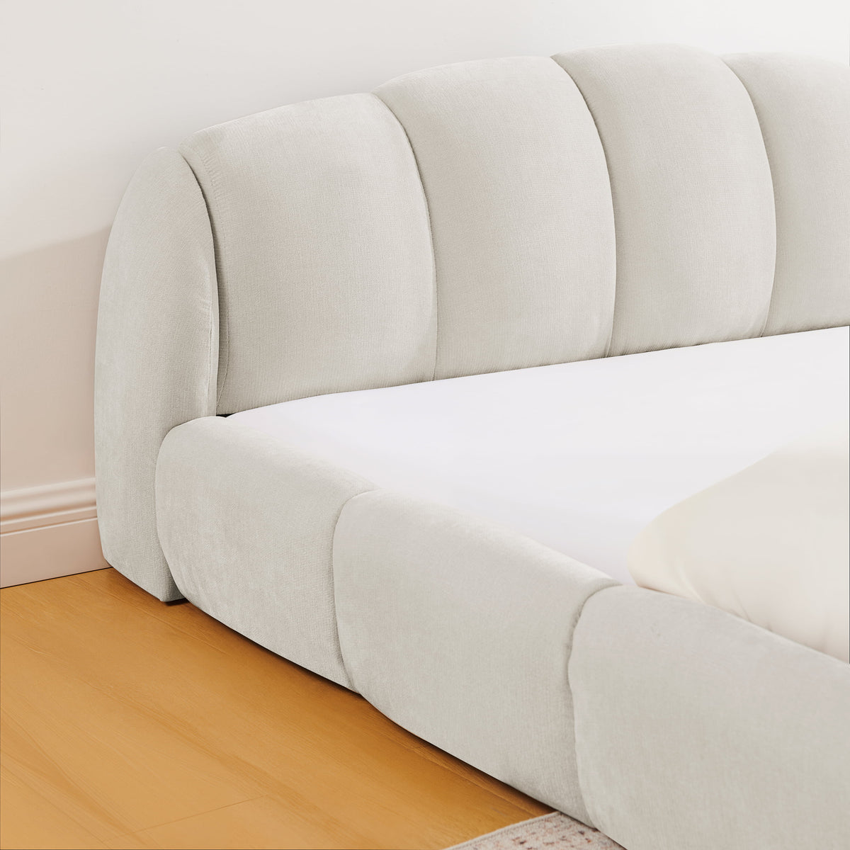 Beige Chenille Upholstered Low Profile Platform Bed Frame