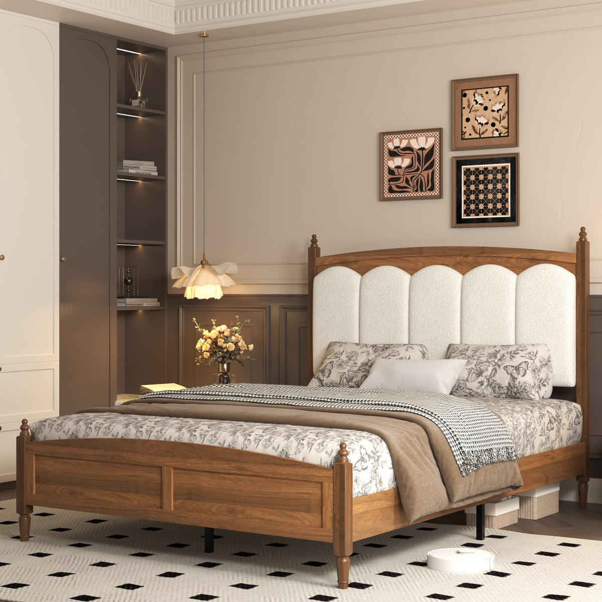 Brown Platform Bed Frame with Upholstered Headboard