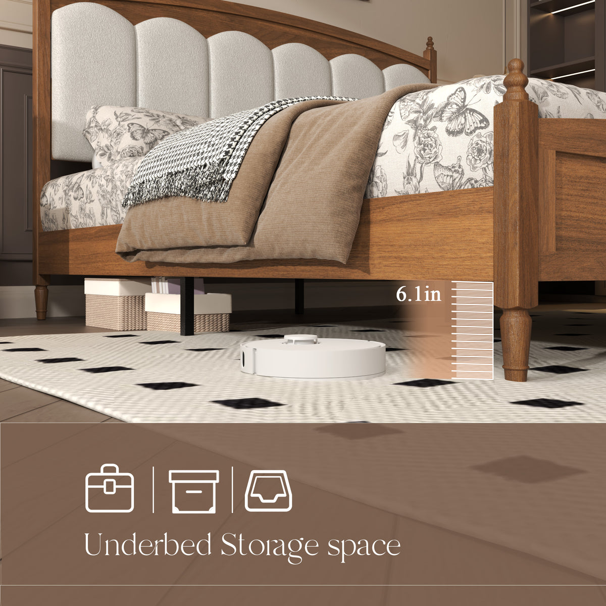 Brown Platform Bed Frame with Upholstered Headboard