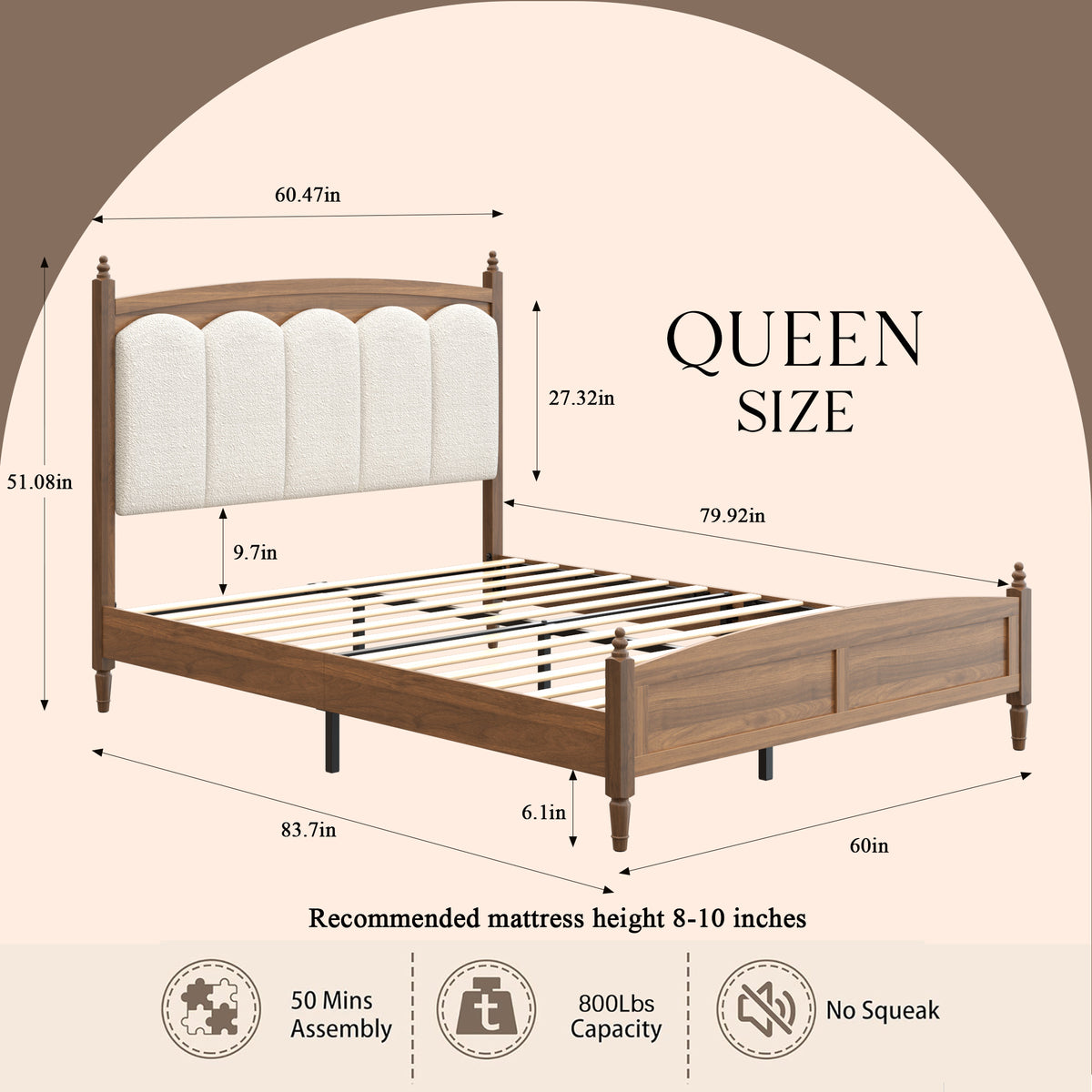Brown Platform Bed Frame with Upholstered Headboard