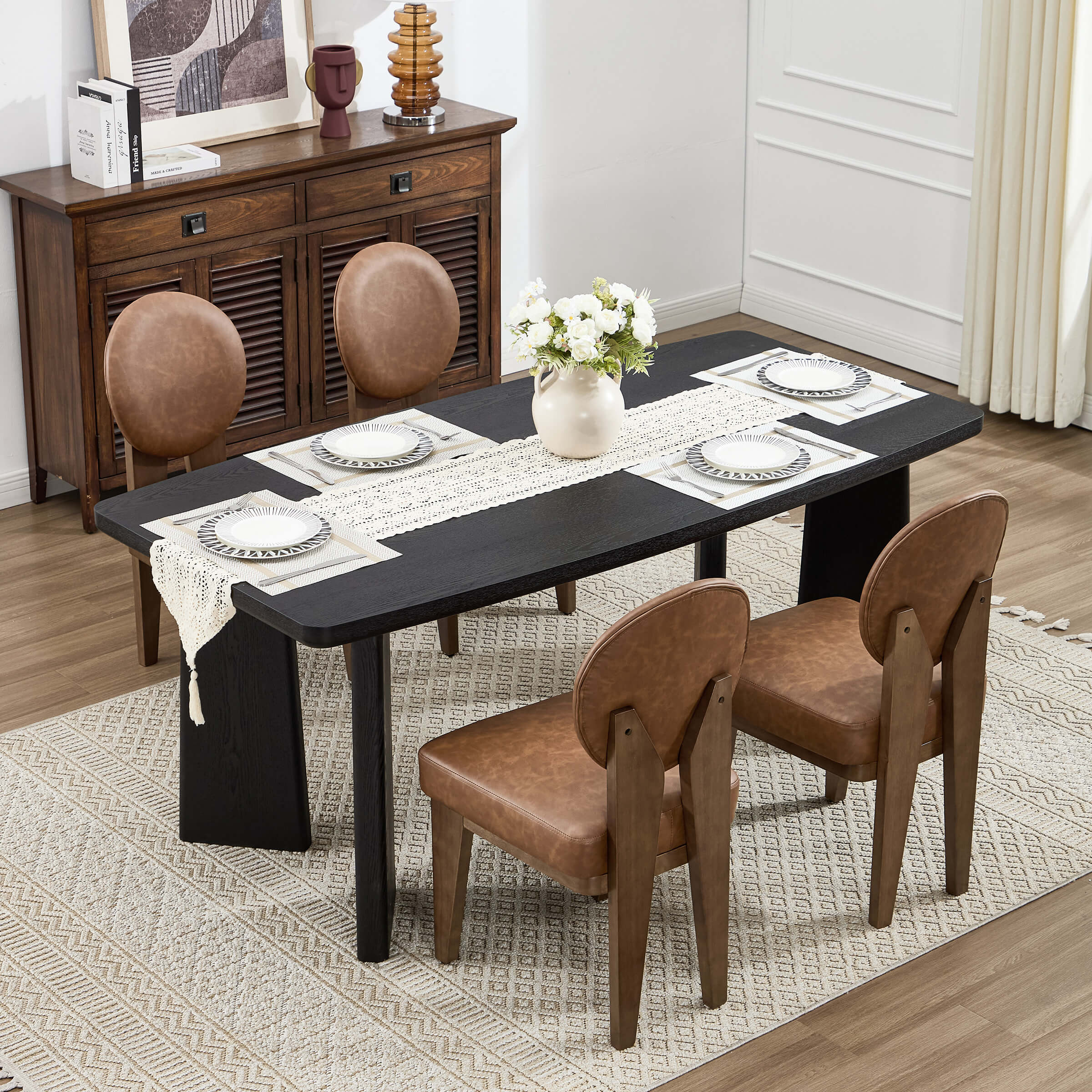 Two brown upholstered chairs at dining table
