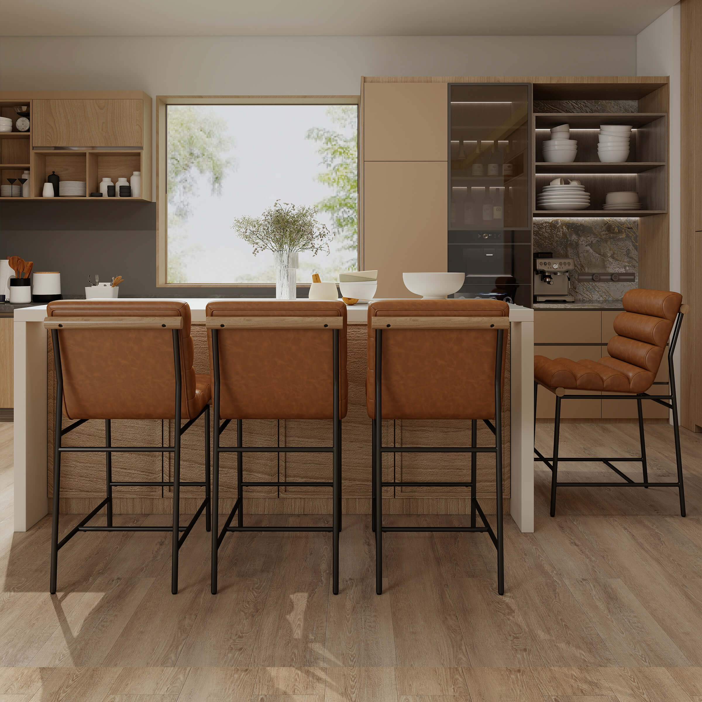 Stools around kitchen island with light wood chairs
