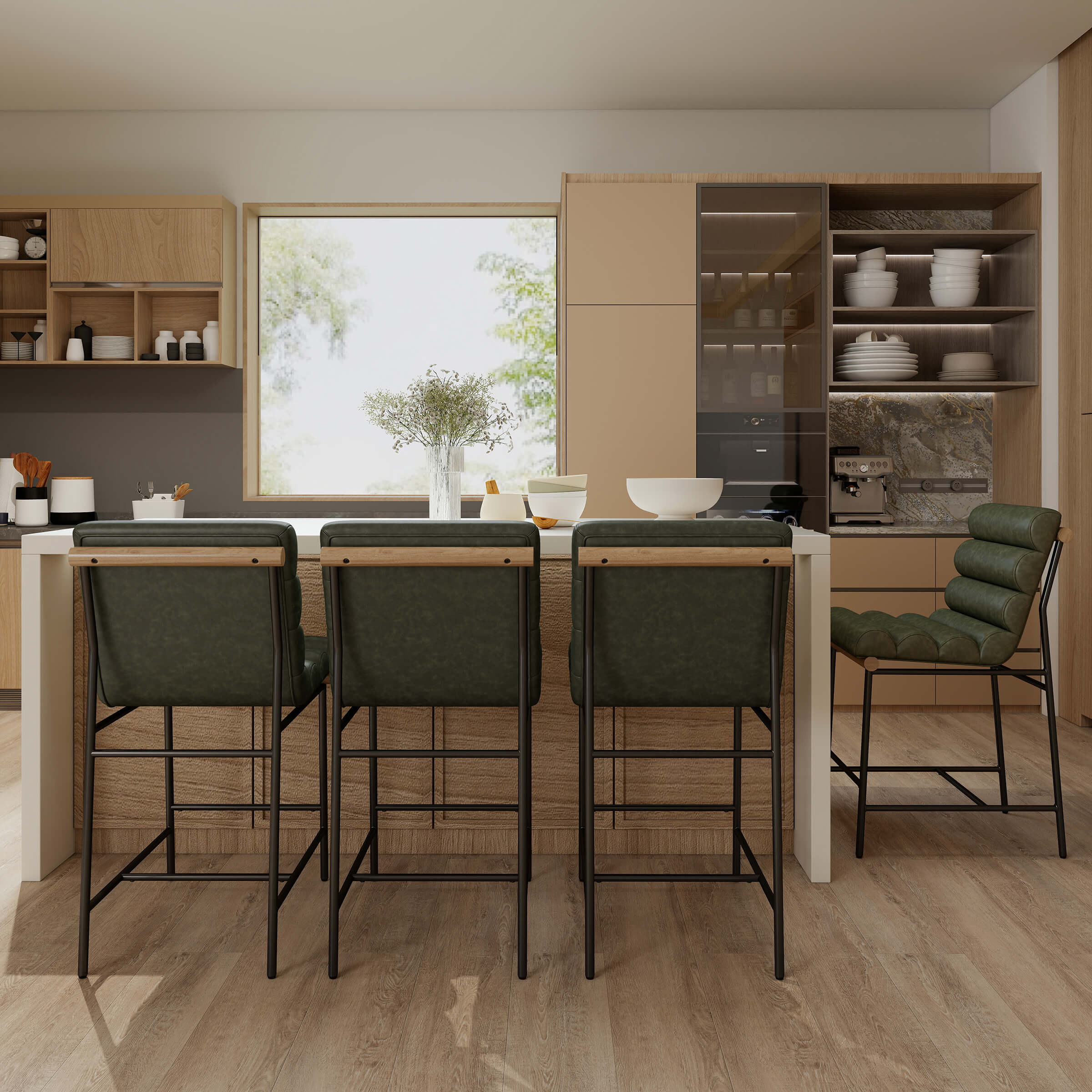 Kitchen scene with stools at island and additional chair