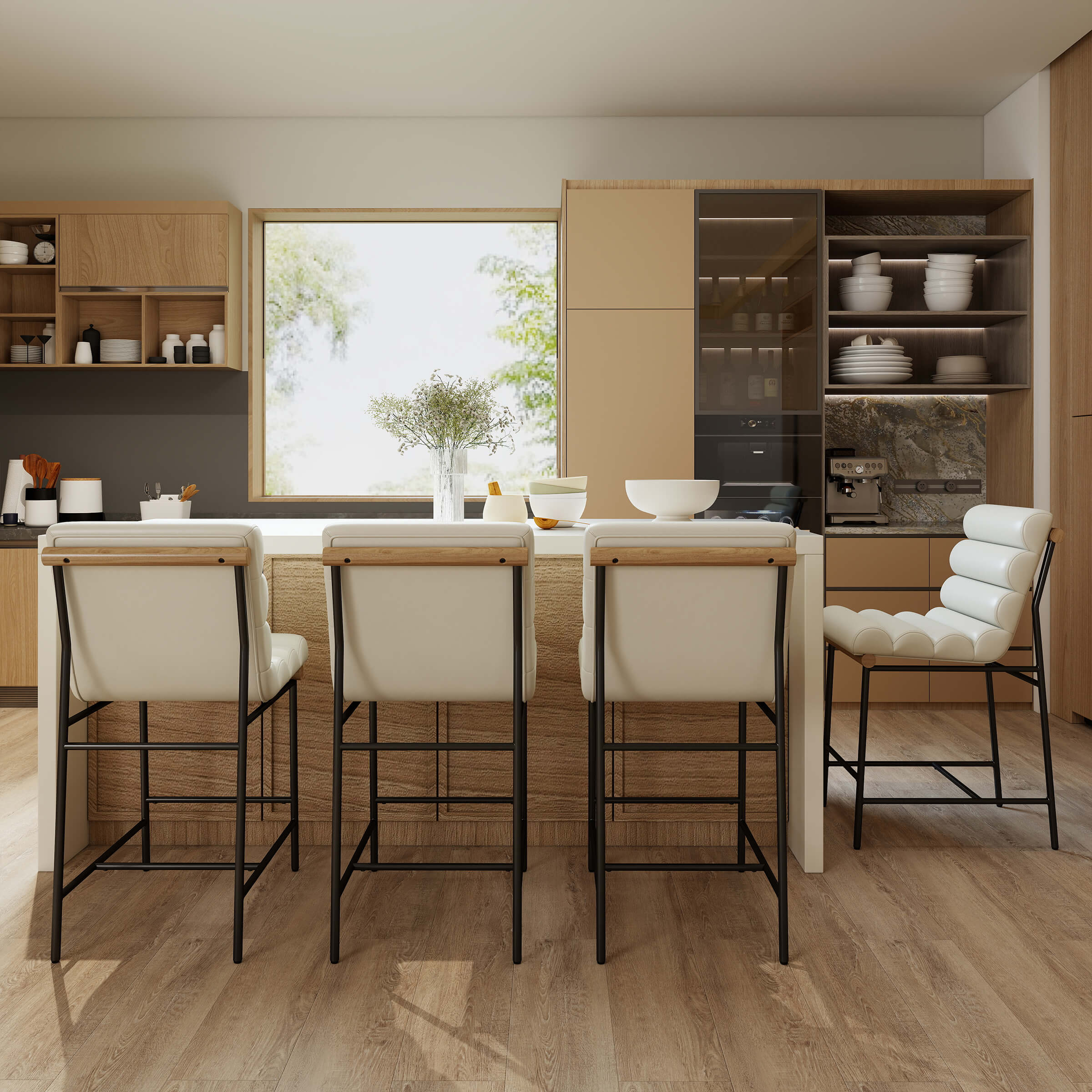 Brown wood kitchen with stools