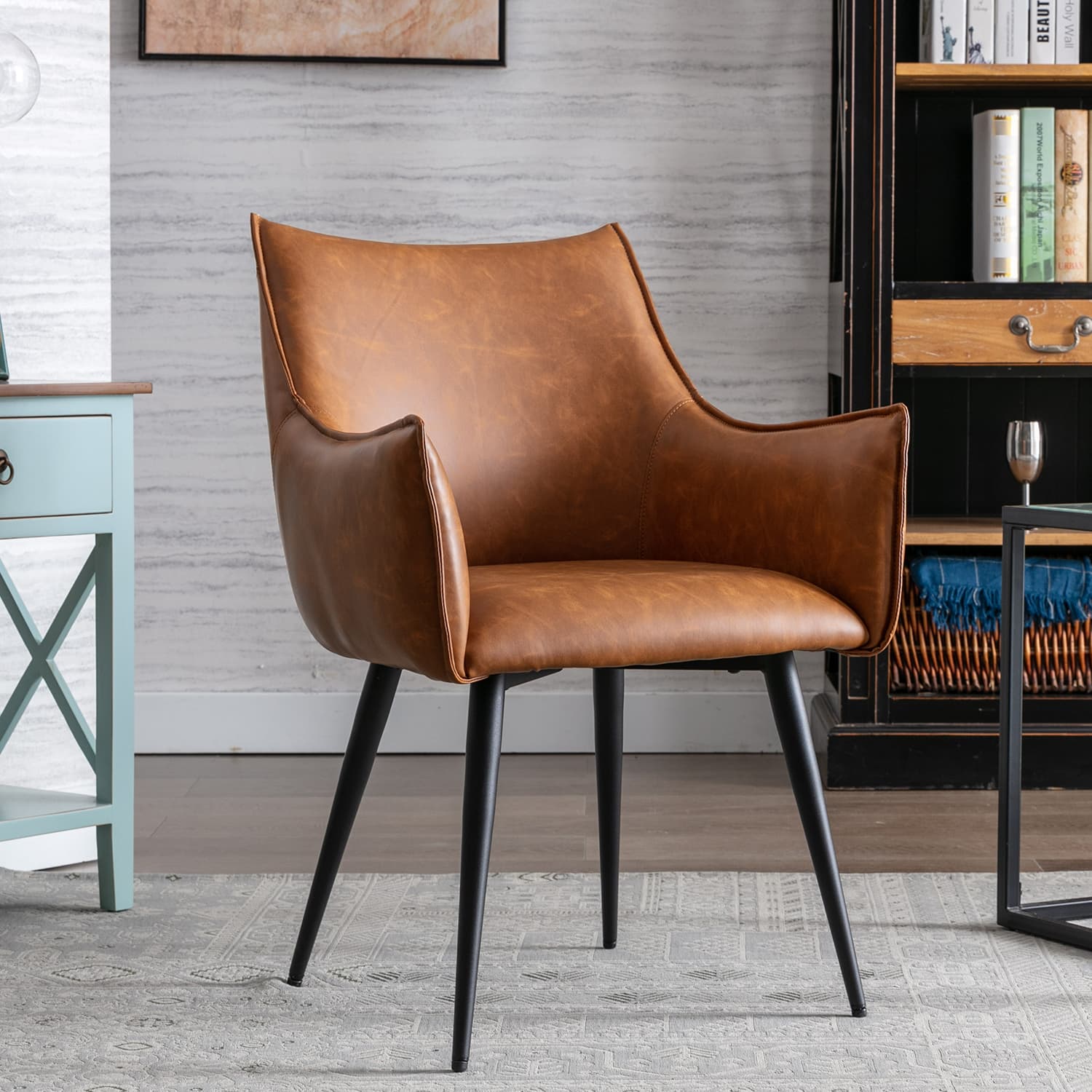 Brown PU leather dining chair in living room setup