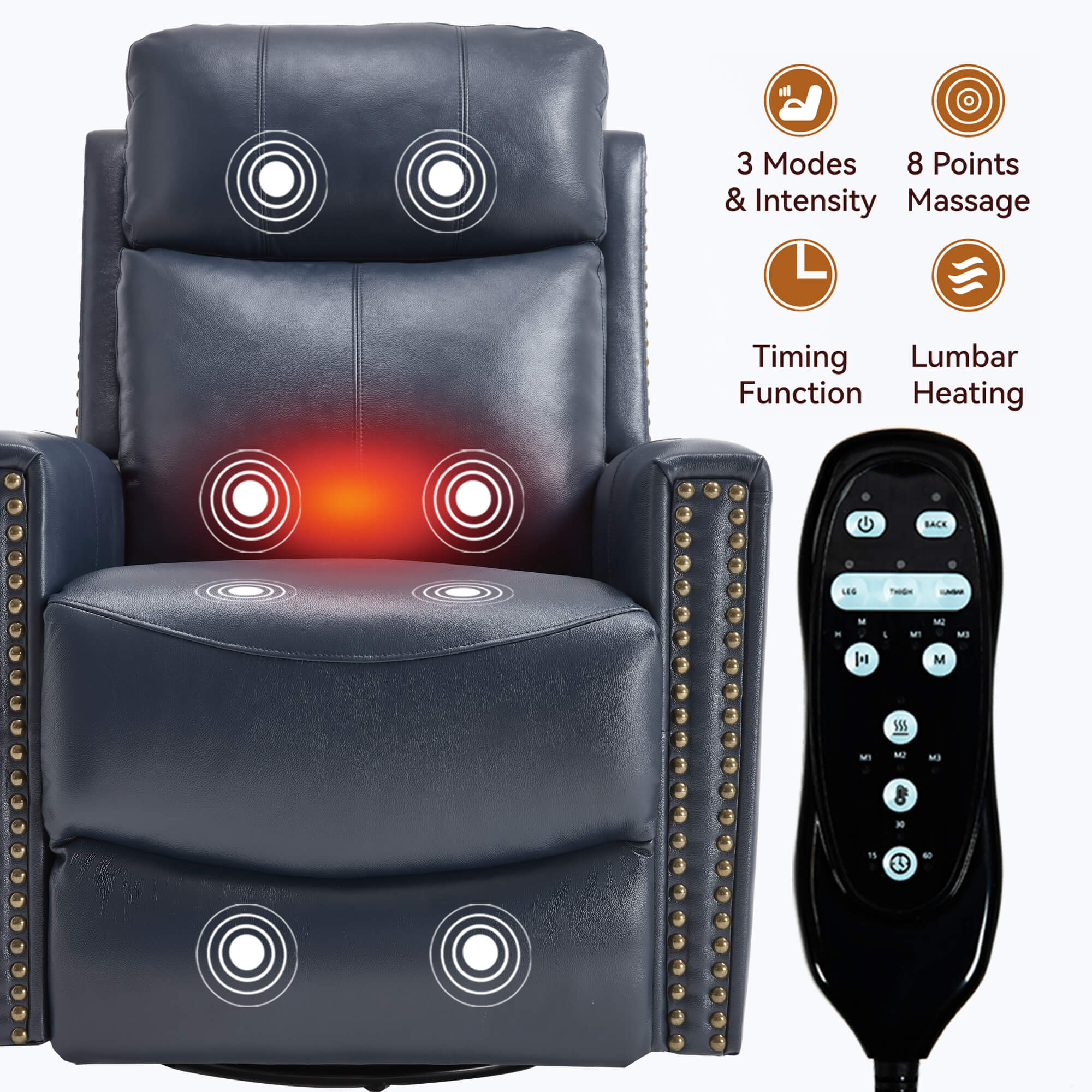 Genuine Leather Manual Swivel Rocker Massage Heat Recliner Chair