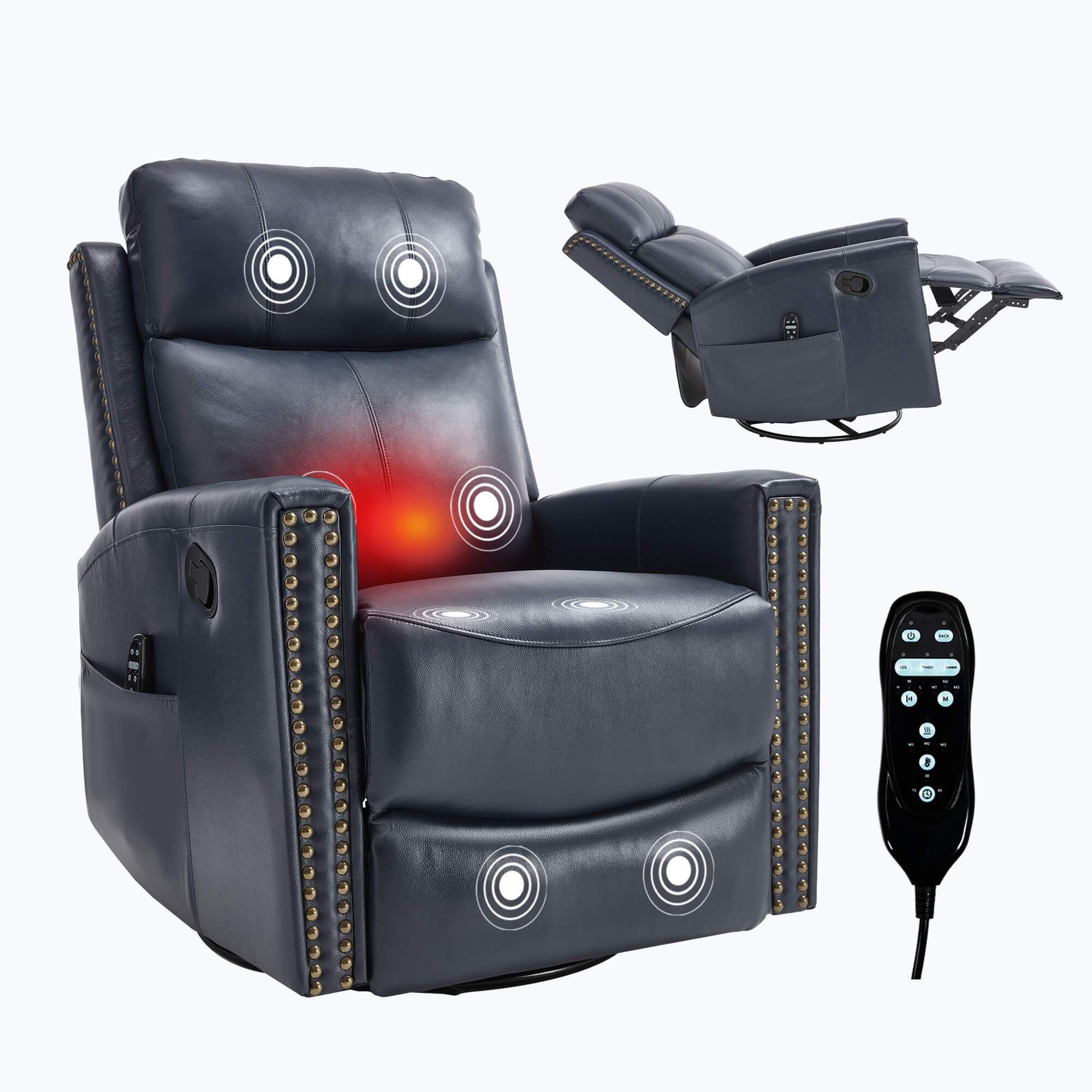 Genuine Leather Manual Swivel Rocker Massage Heat Recliner Chair