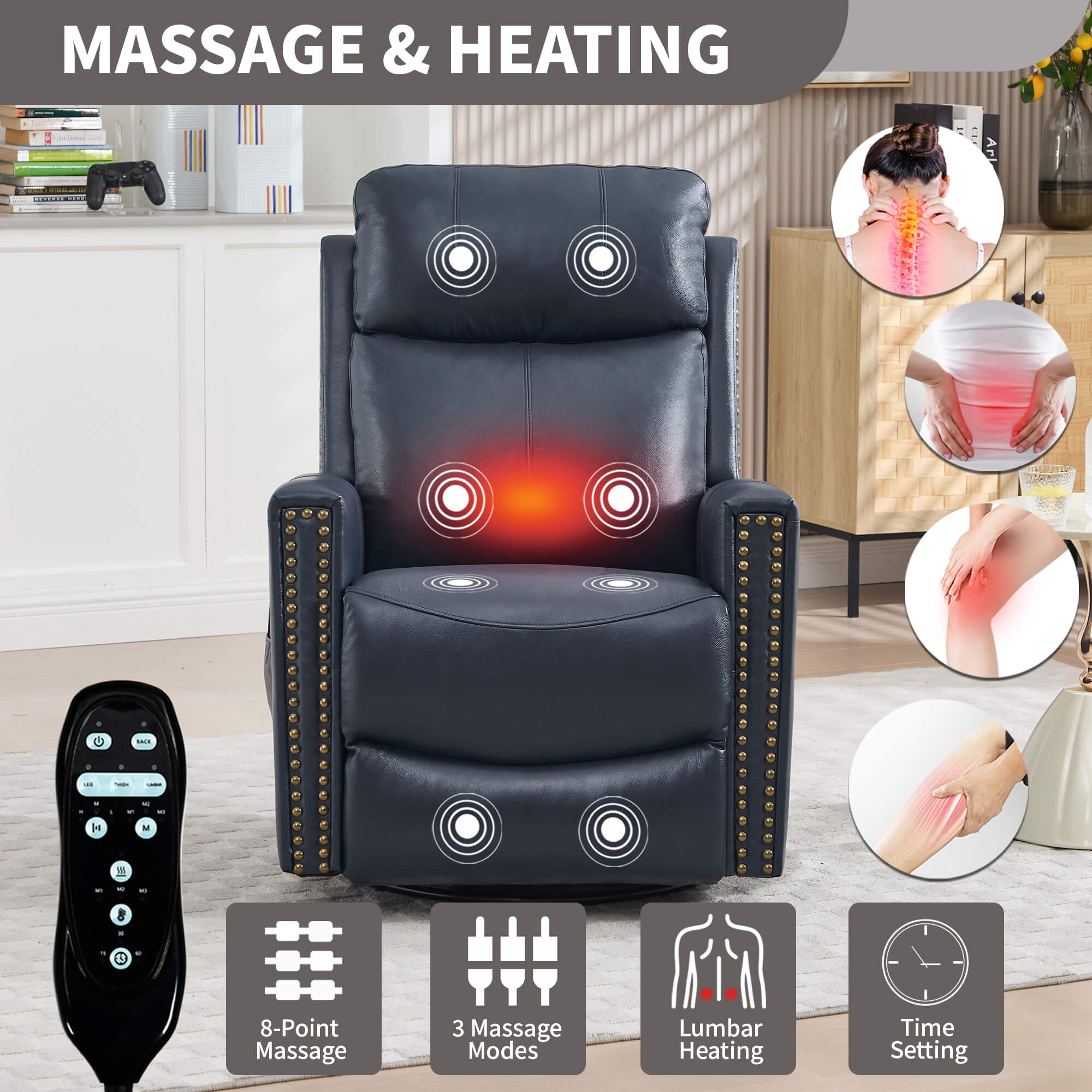 Genuine Leather Manual Swivel Rocker Massage Heat Recliner Chair