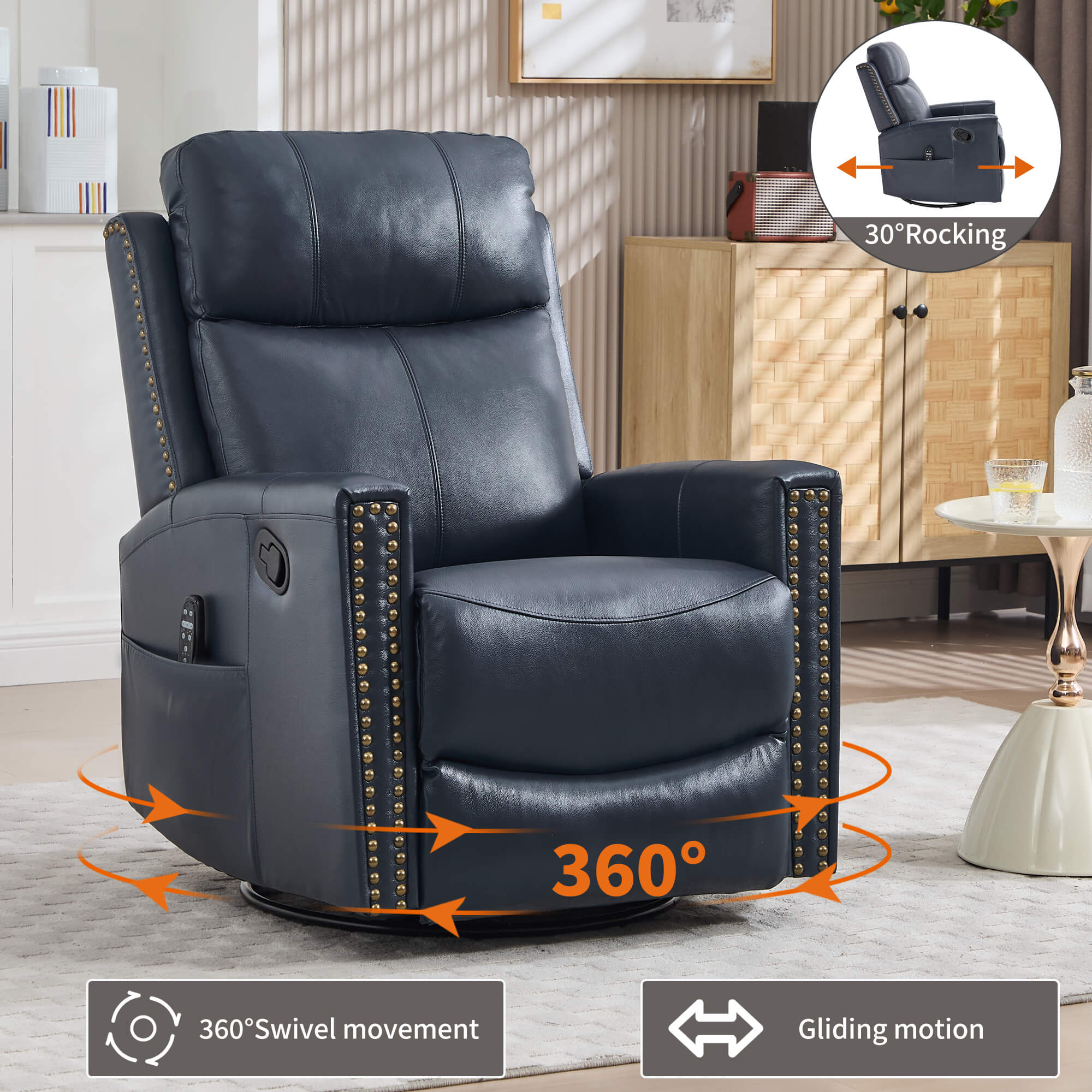 Genuine Leather Manual Swivel Rocker Massage Heat Recliner Chair