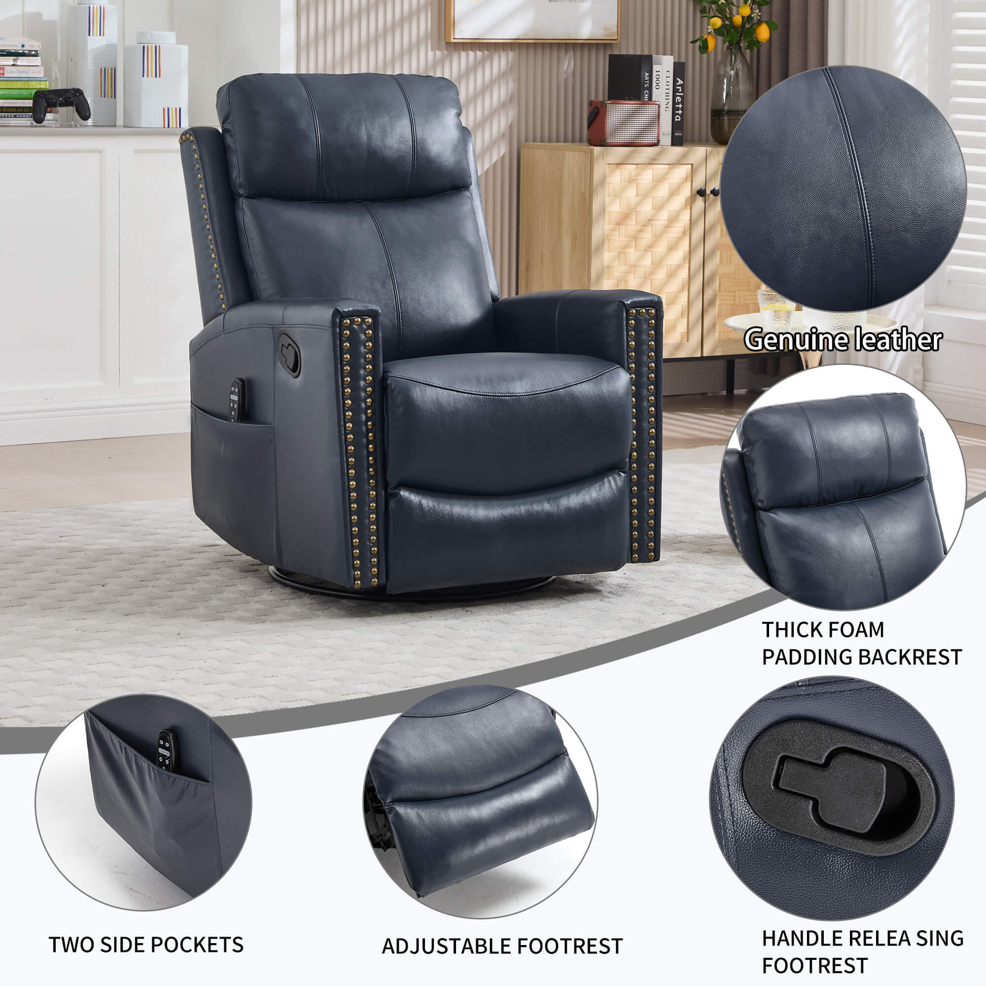 Genuine Leather Manual Swivel Rocker Massage Heat Recliner Chair