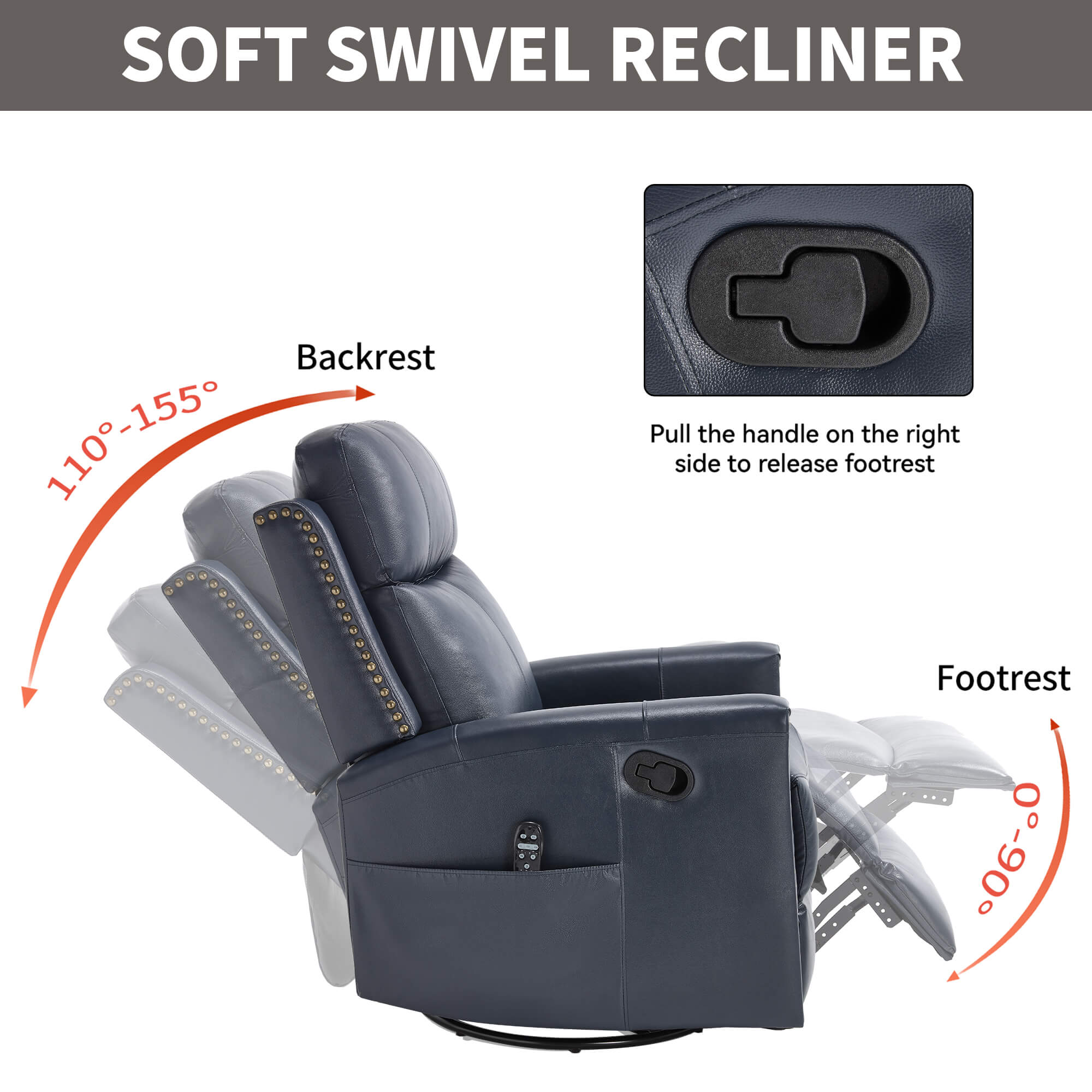 Genuine Leather Manual Swivel Rocker Massage Heat Recliner Chair