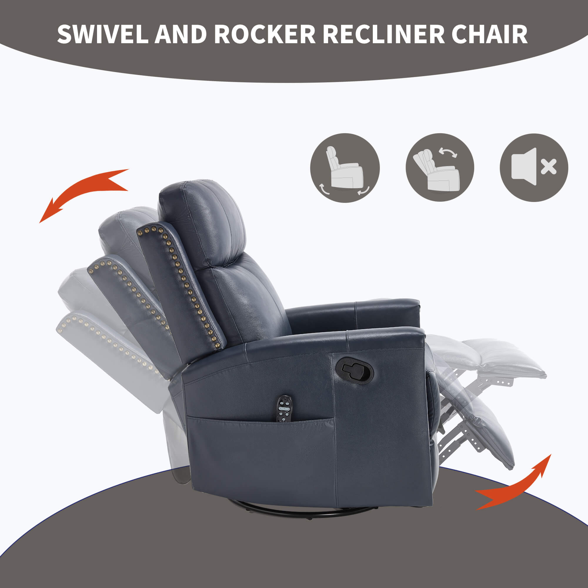 Genuine Leather Manual Swivel Rocker Massage Heat Recliner Chair
