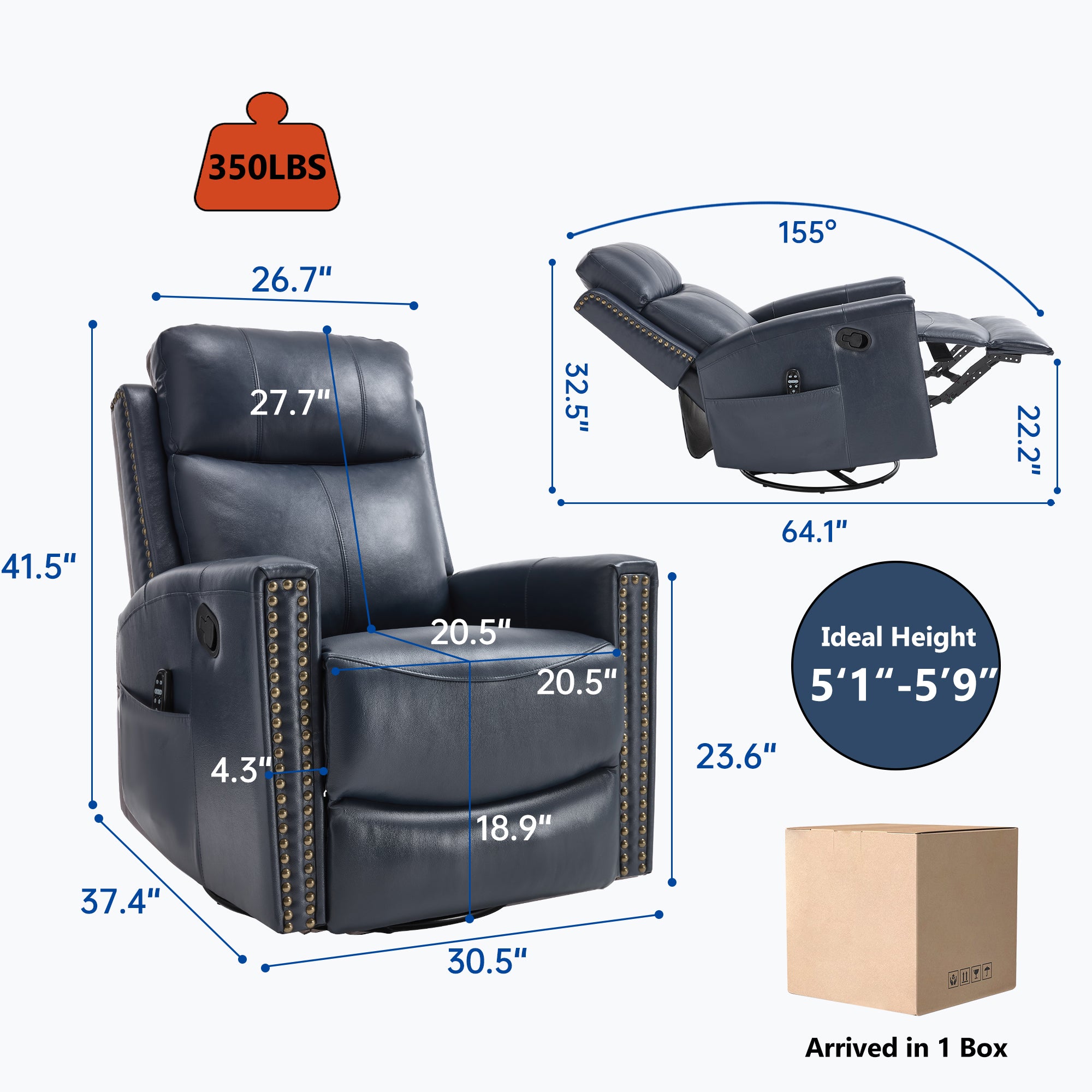 Genuine Leather Manual Swivel Rocker Massage Heat Recliner Chair