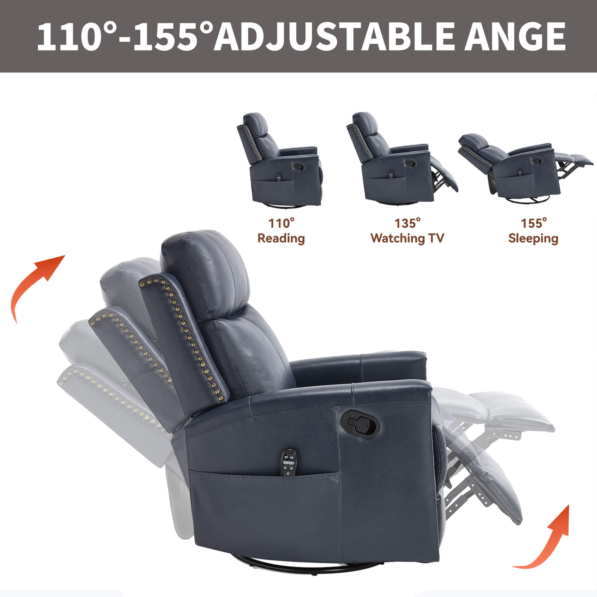 Genuine Leather Manual Swivel Rocker Massage Heat Recliner Chair