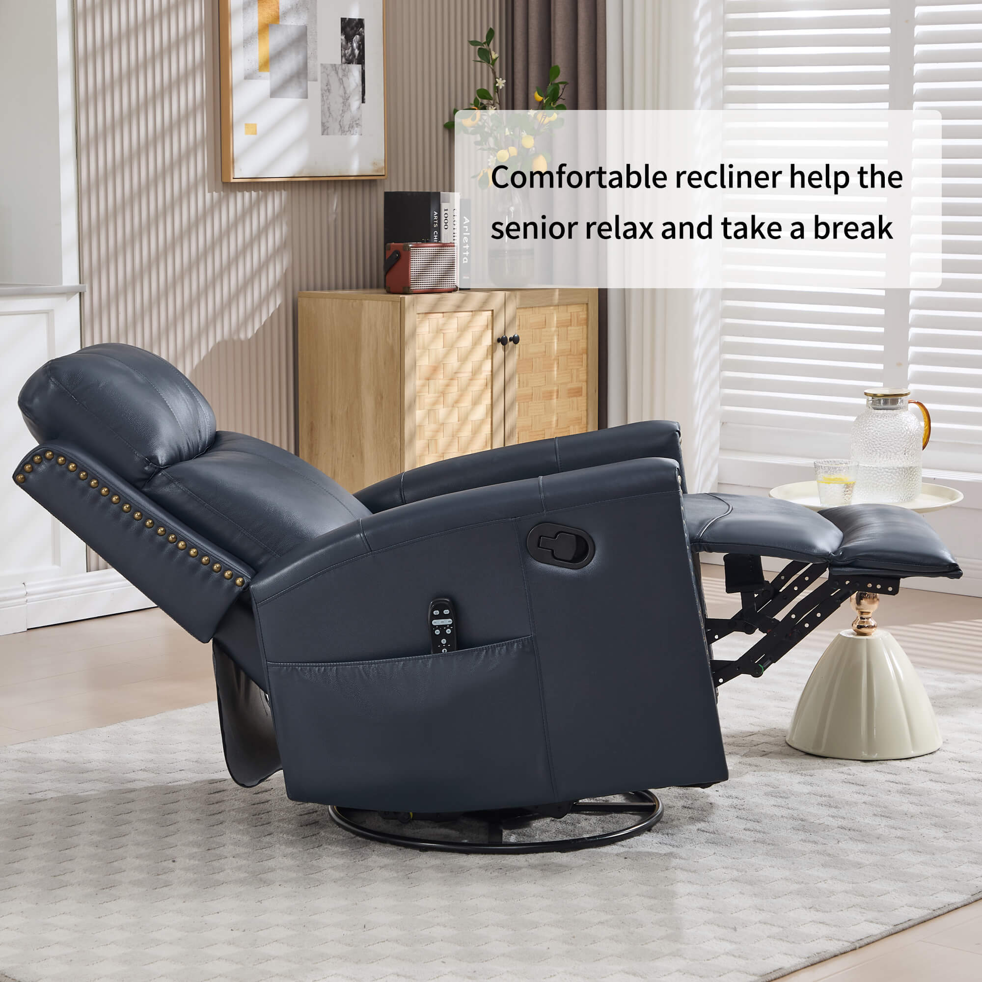 Genuine Leather Manual Swivel Rocker Massage Heat Recliner Chair