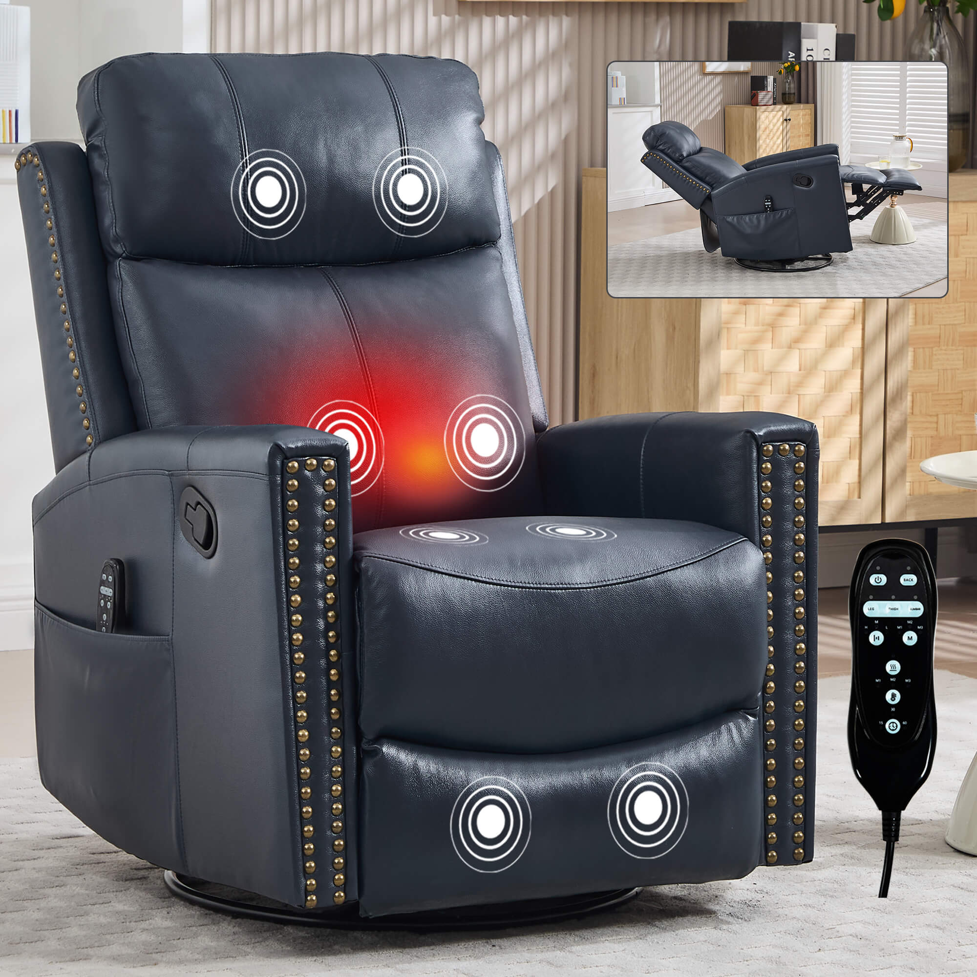 Genuine Leather Manual Swivel Rocker Massage Heat Recliner Chair