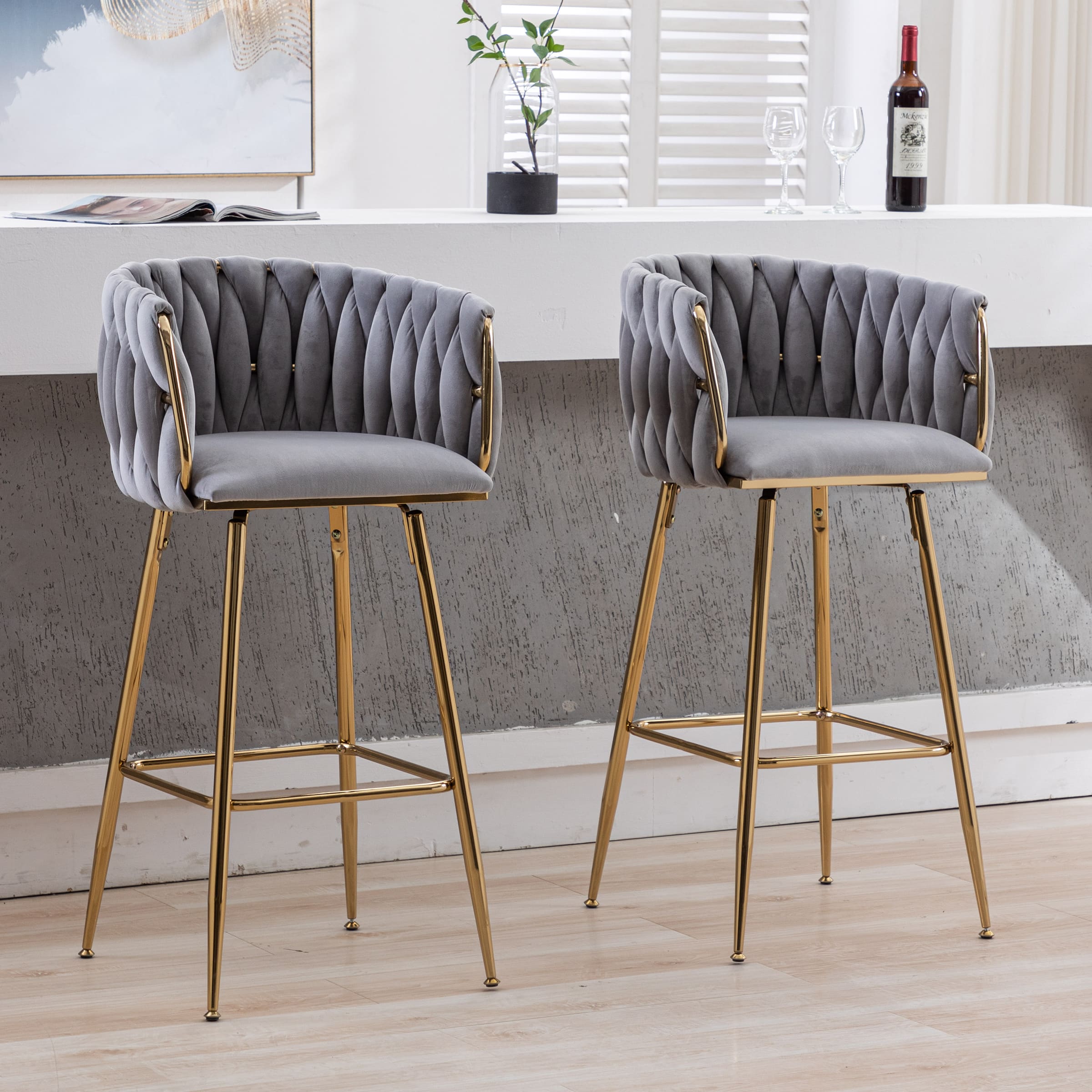 Two tufted bar stools in a home setting