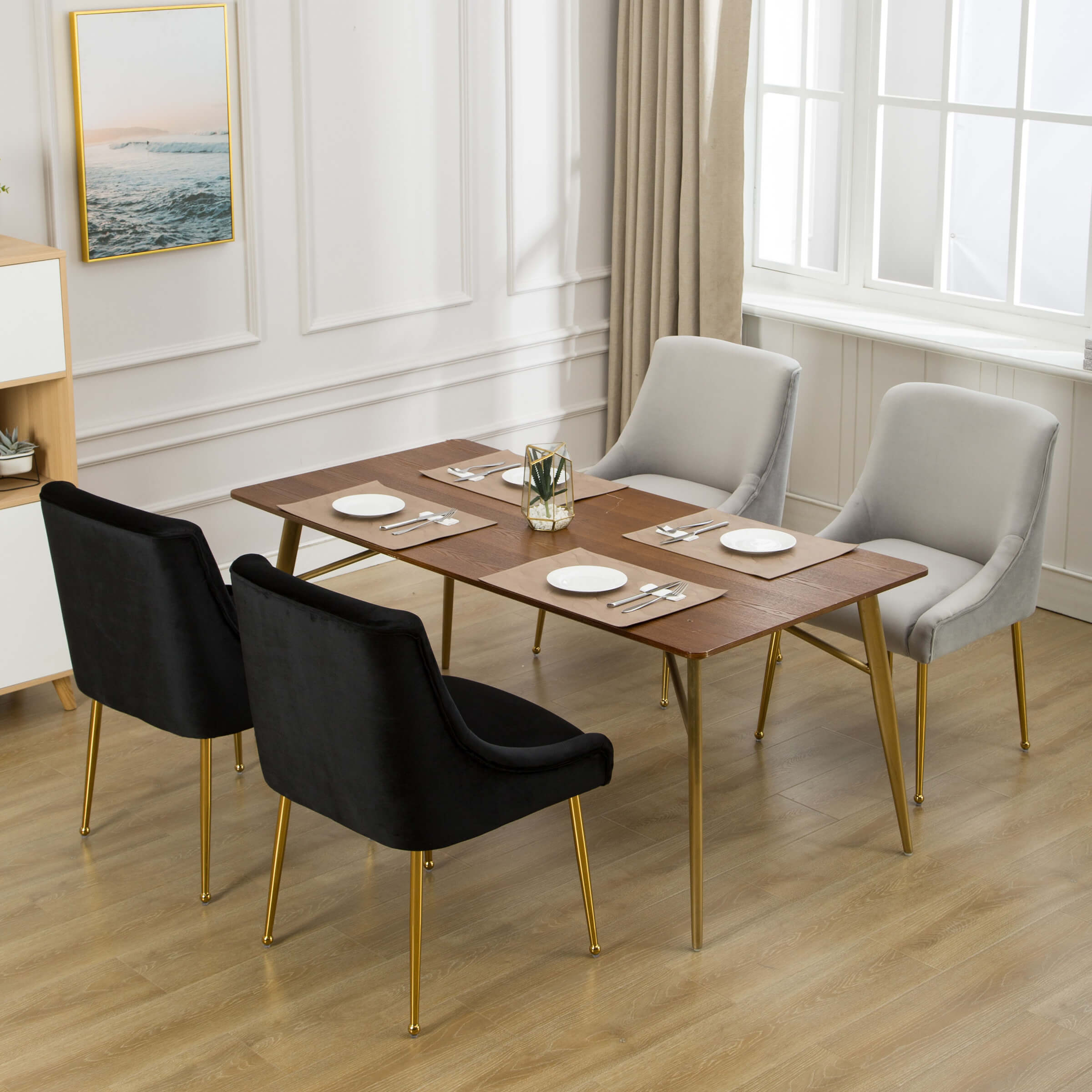 Dining area with mixed chair colors