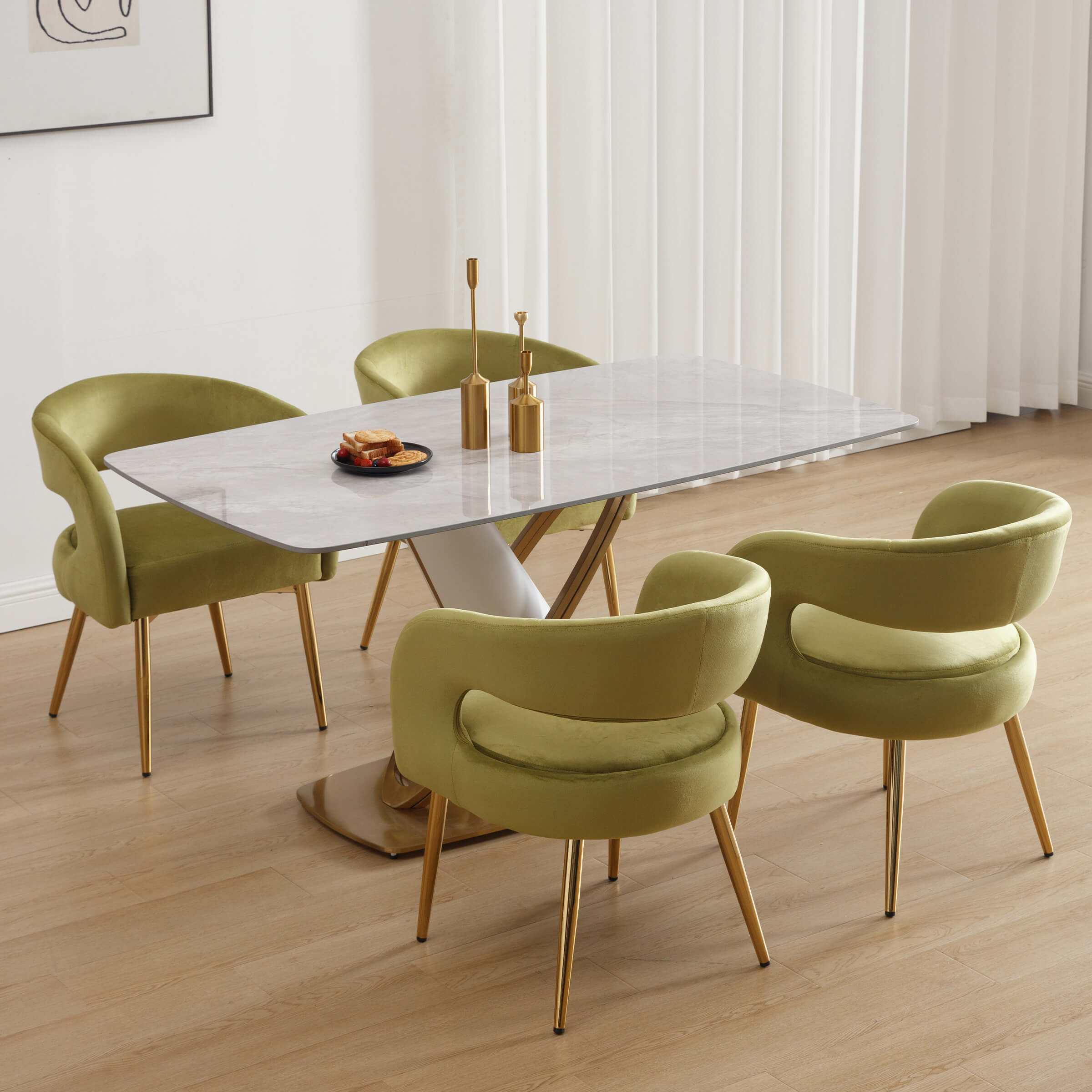 Set of four chairs around a marble table