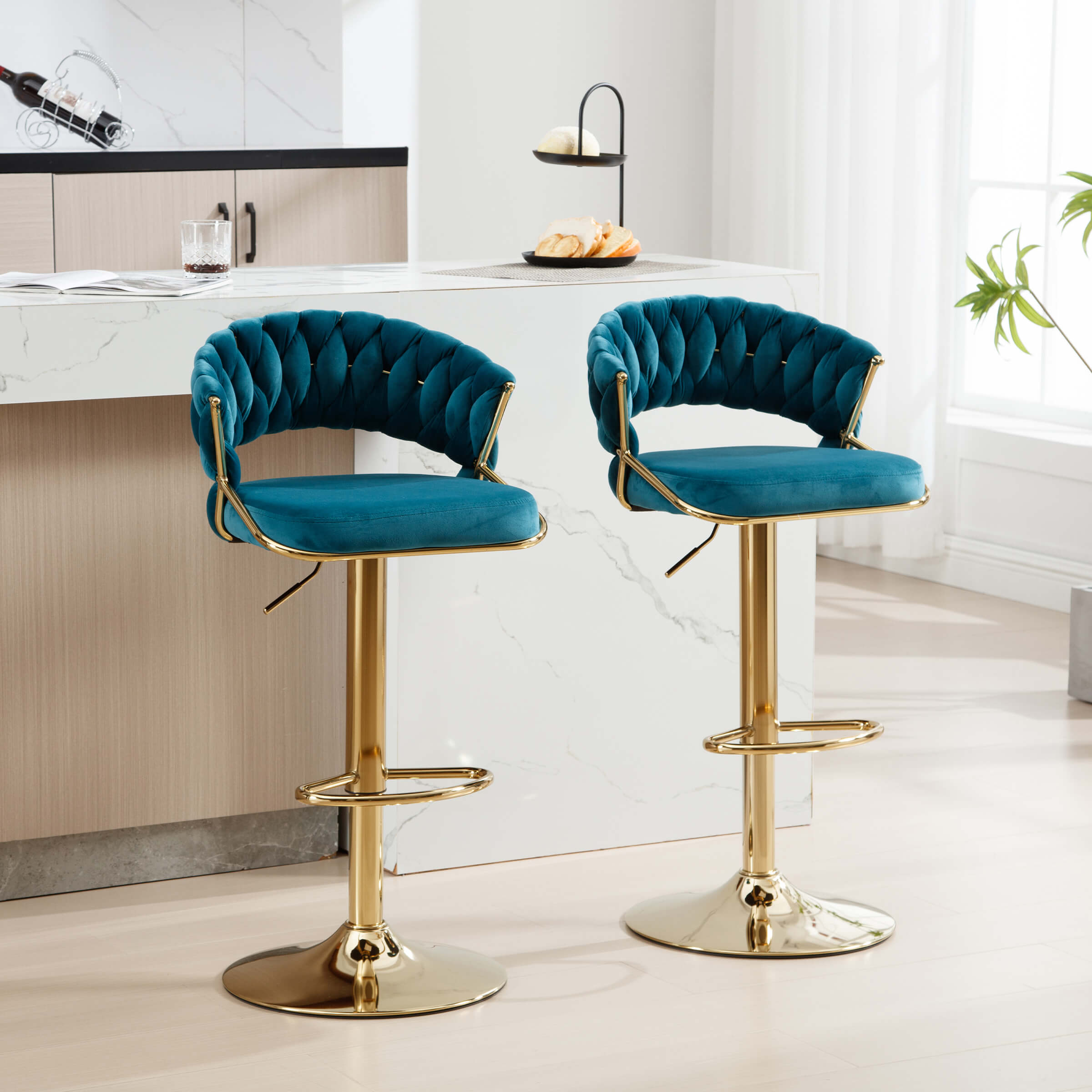Blue velvet woven stools at island