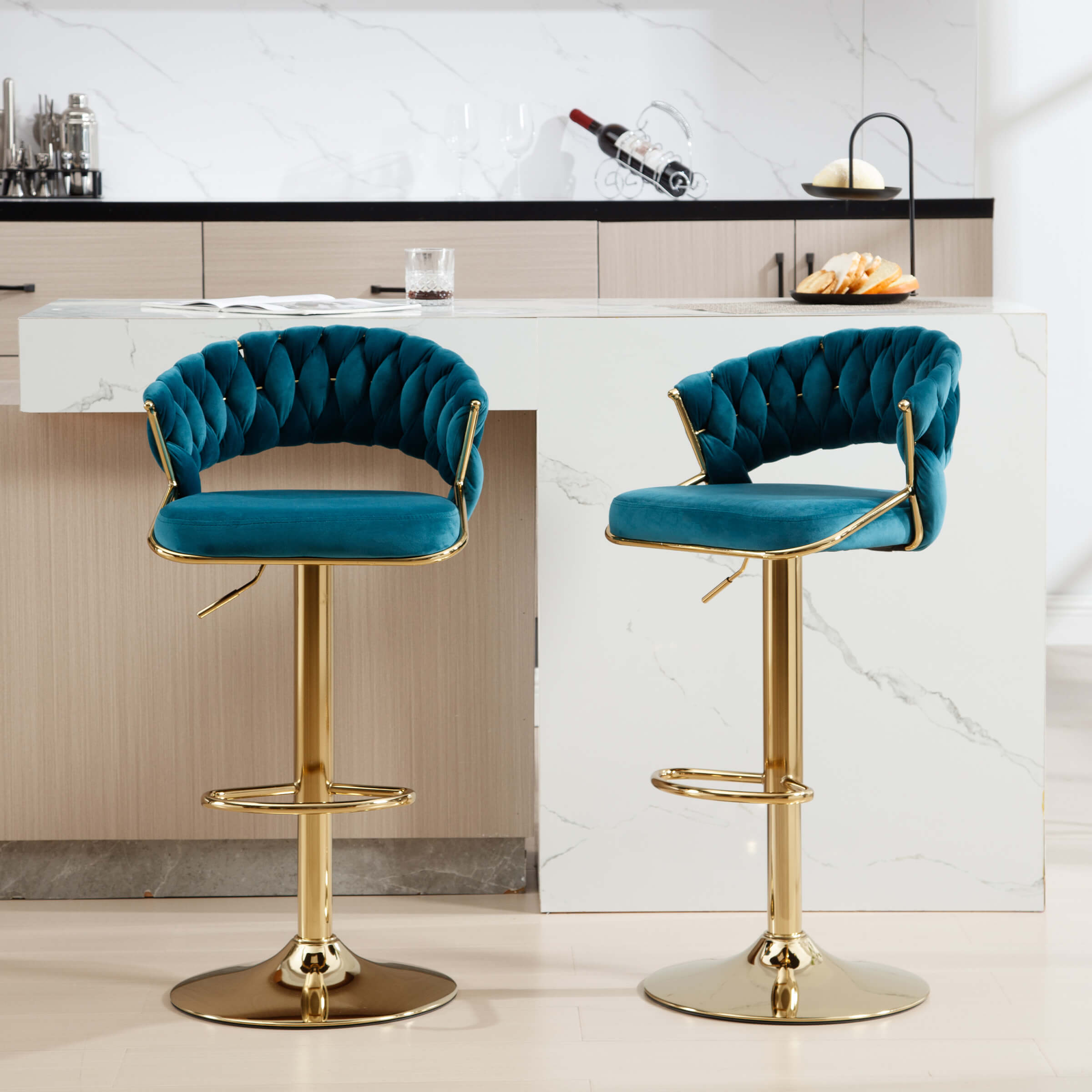 Turquoise stools at kitchen island