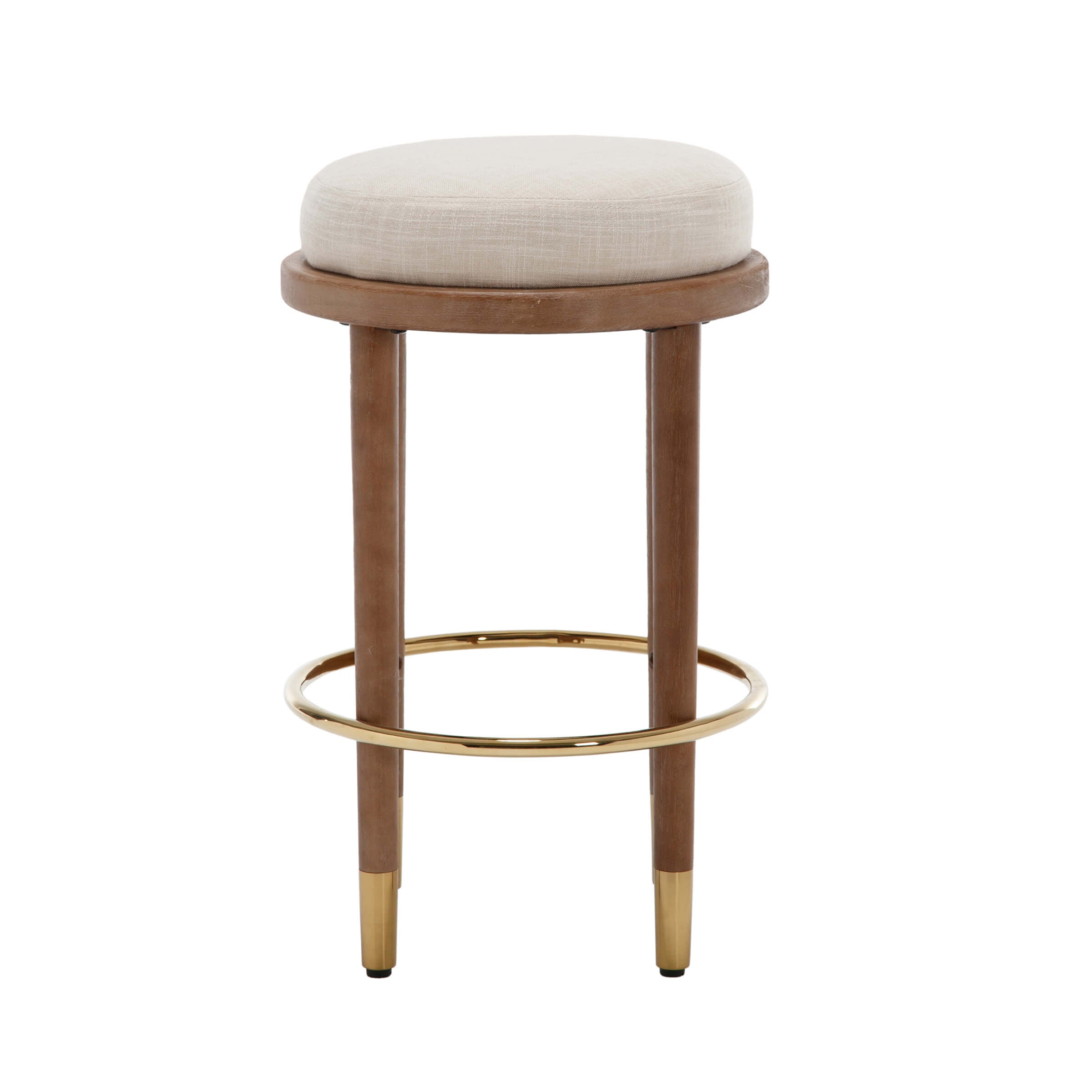 Two-tone round backless counter stools with beige cushions