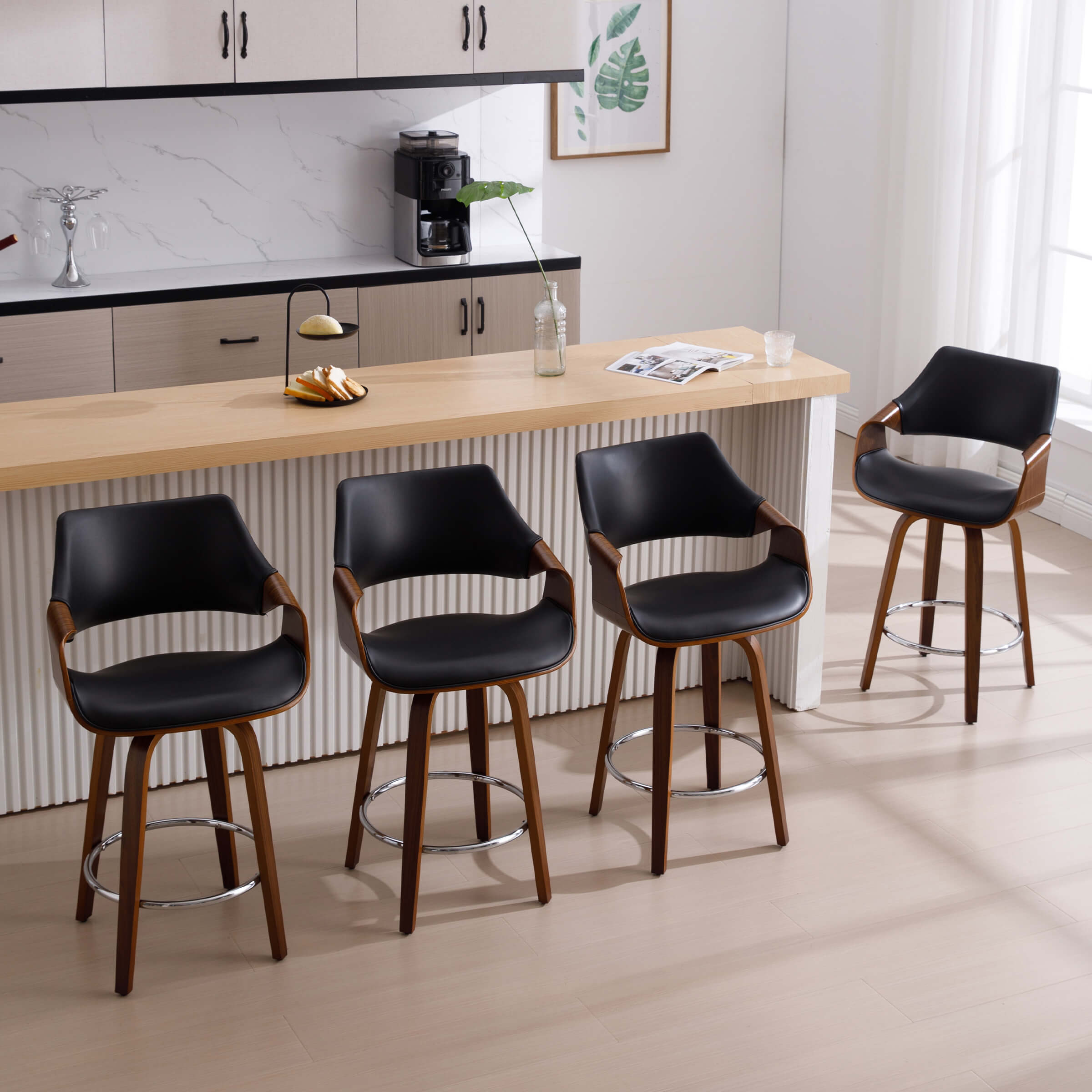 Row of four stools and a separate corner stool at bar