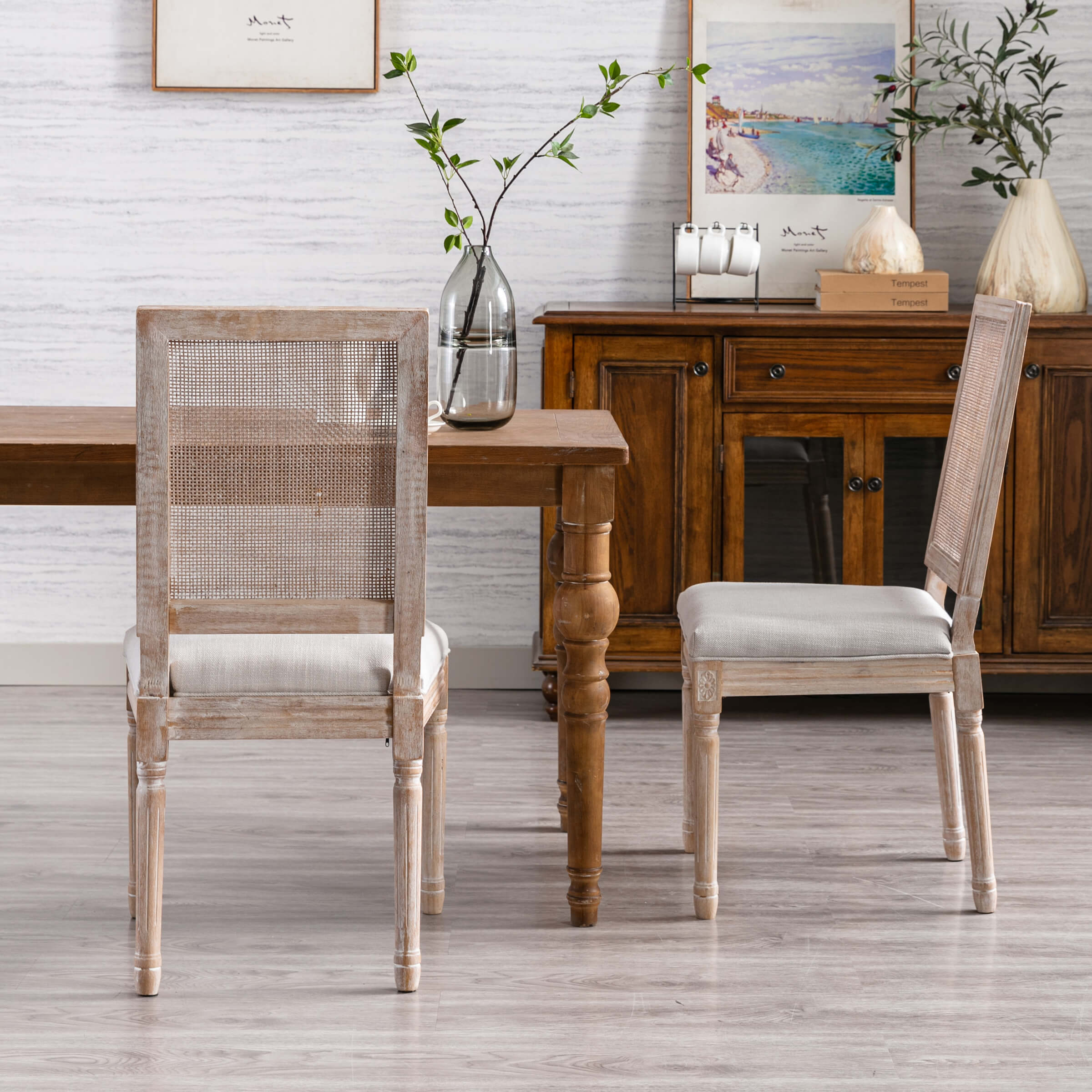 Side view of cane-back dining chair