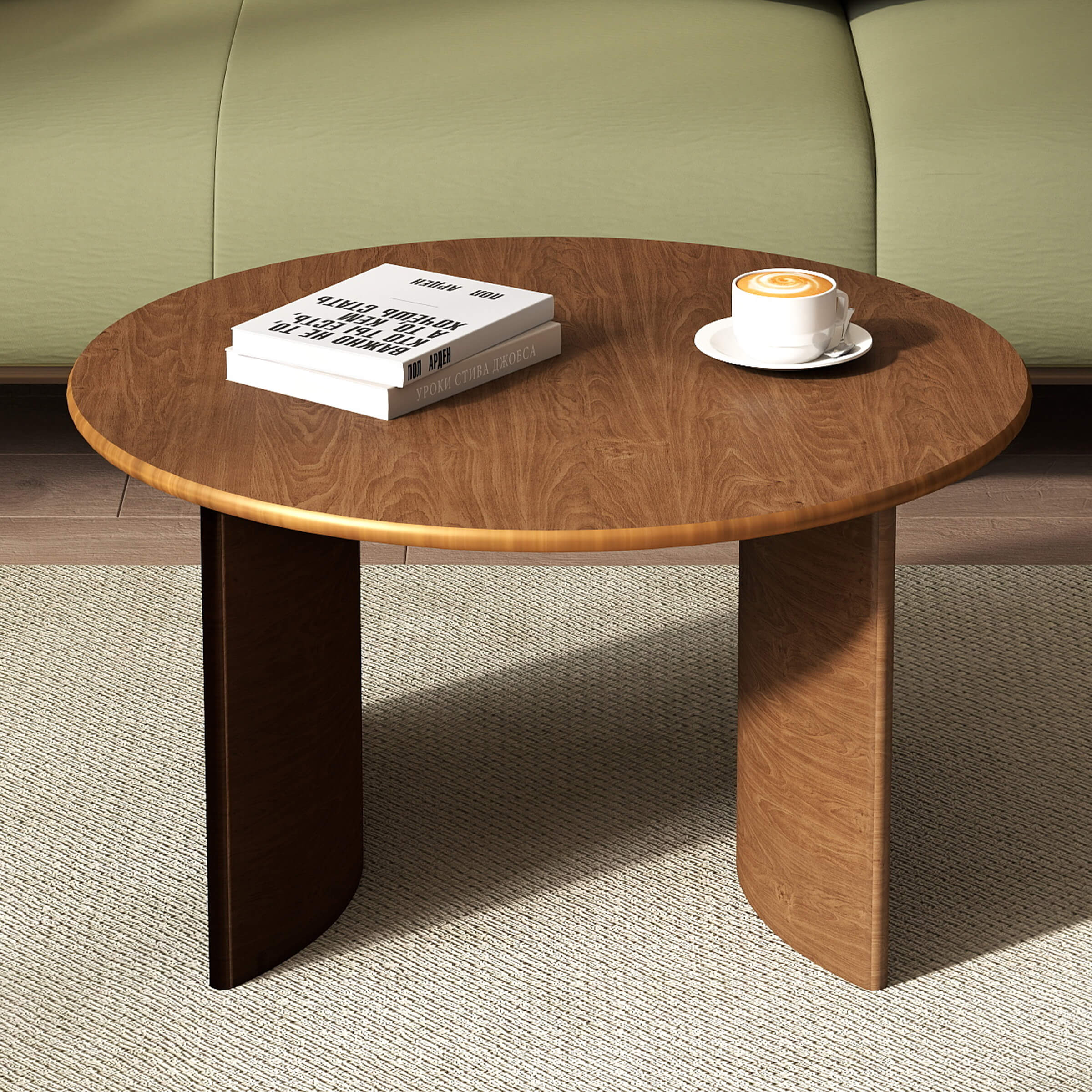 Top view of round coffee table with books and coffee