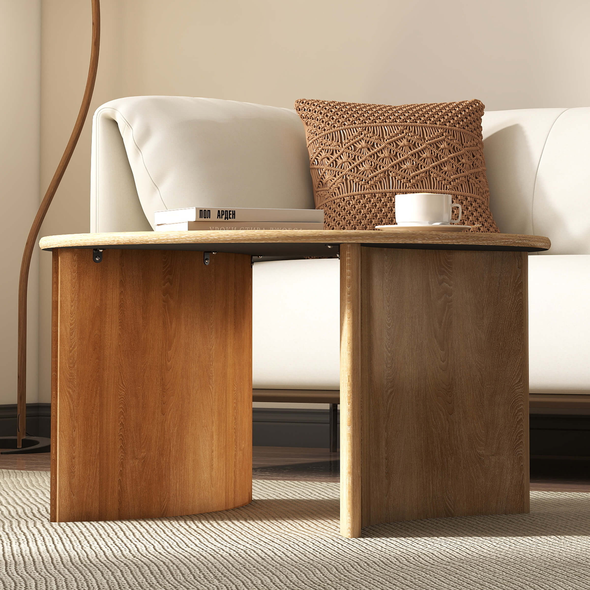 Two-toned wood coffee table with curved legs
