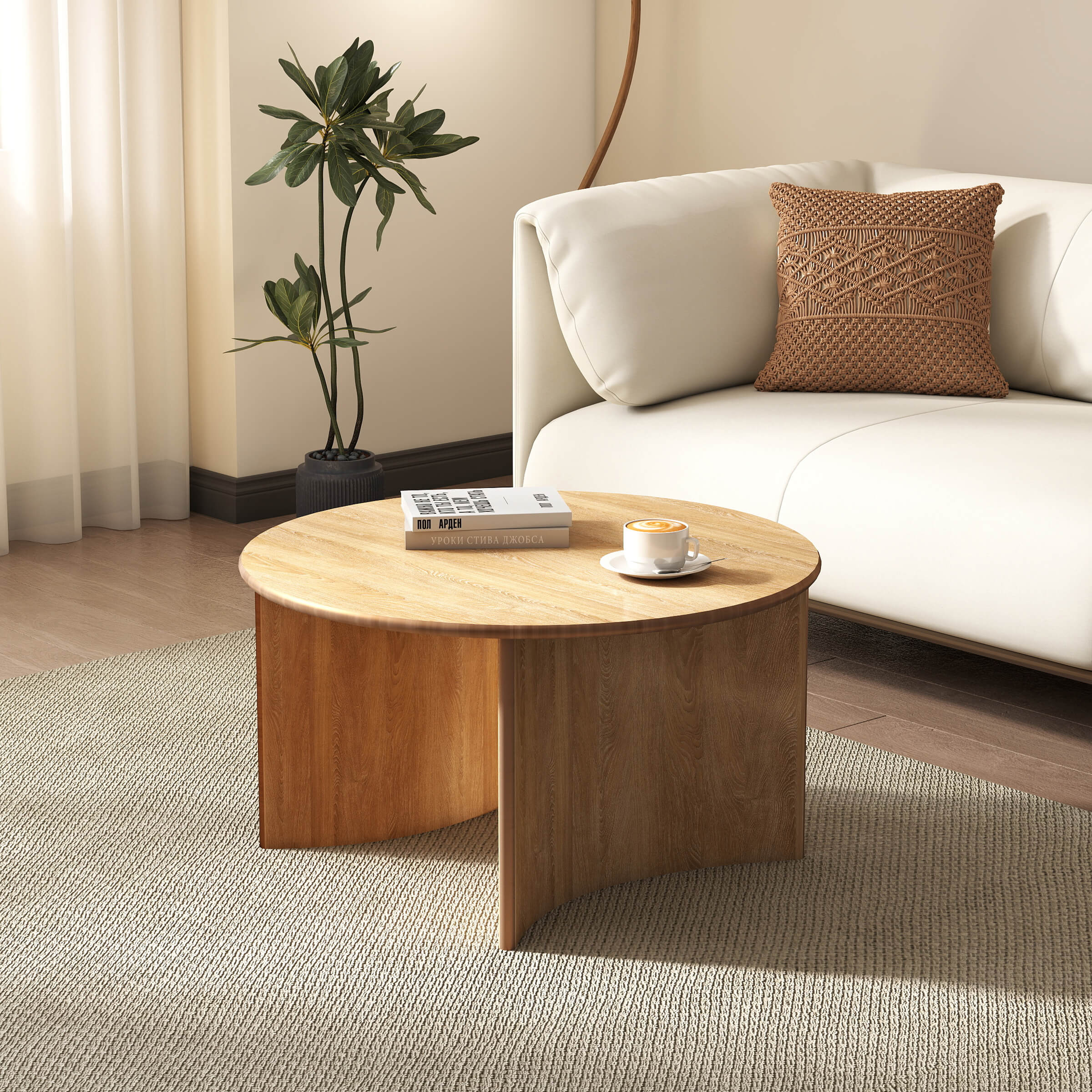 Round wooden coffee table near sofa