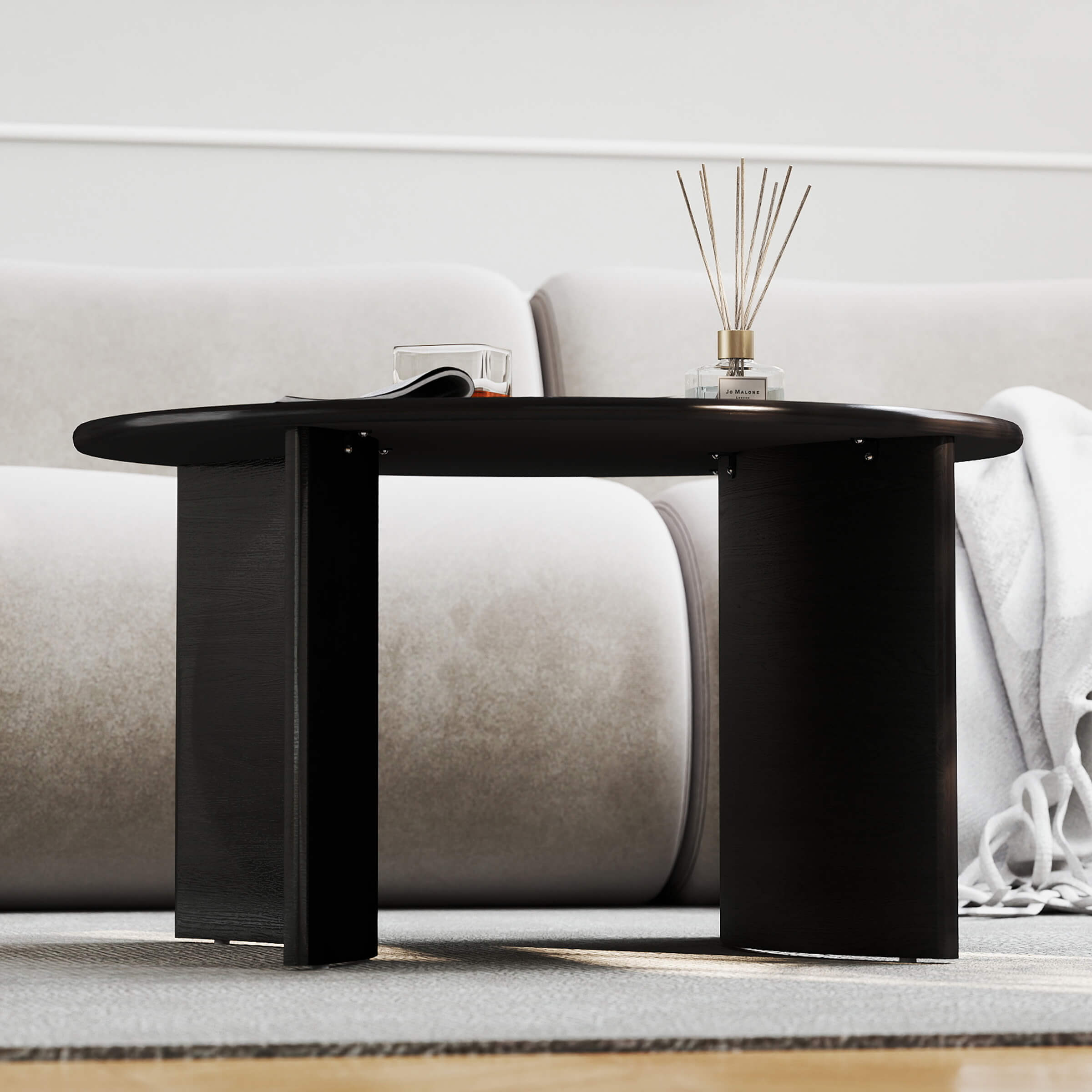 Side perspective of round coffee table