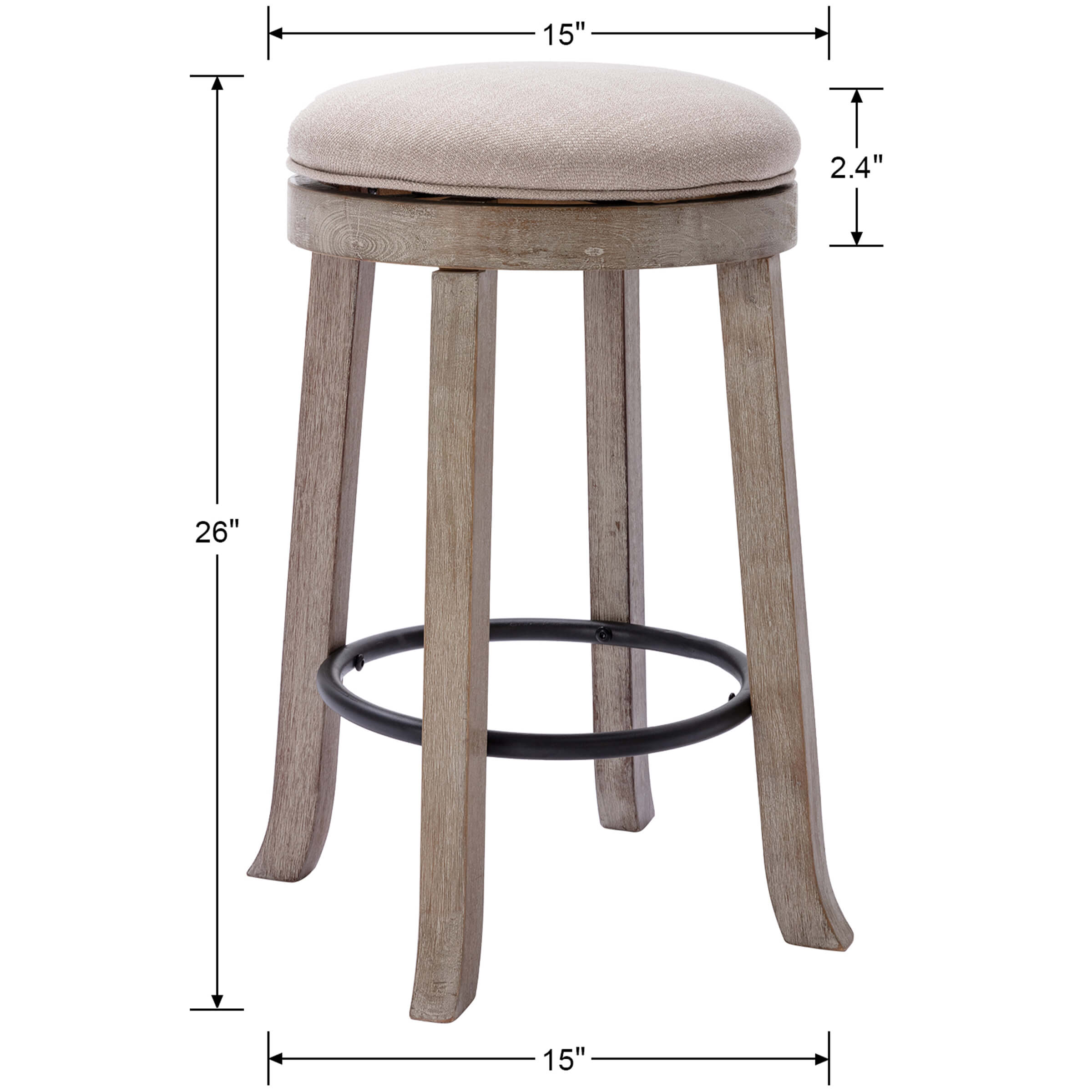 Diagram showing stool dimensions: 26 inches tall, 15 inch seat, 2.4 inch seat height