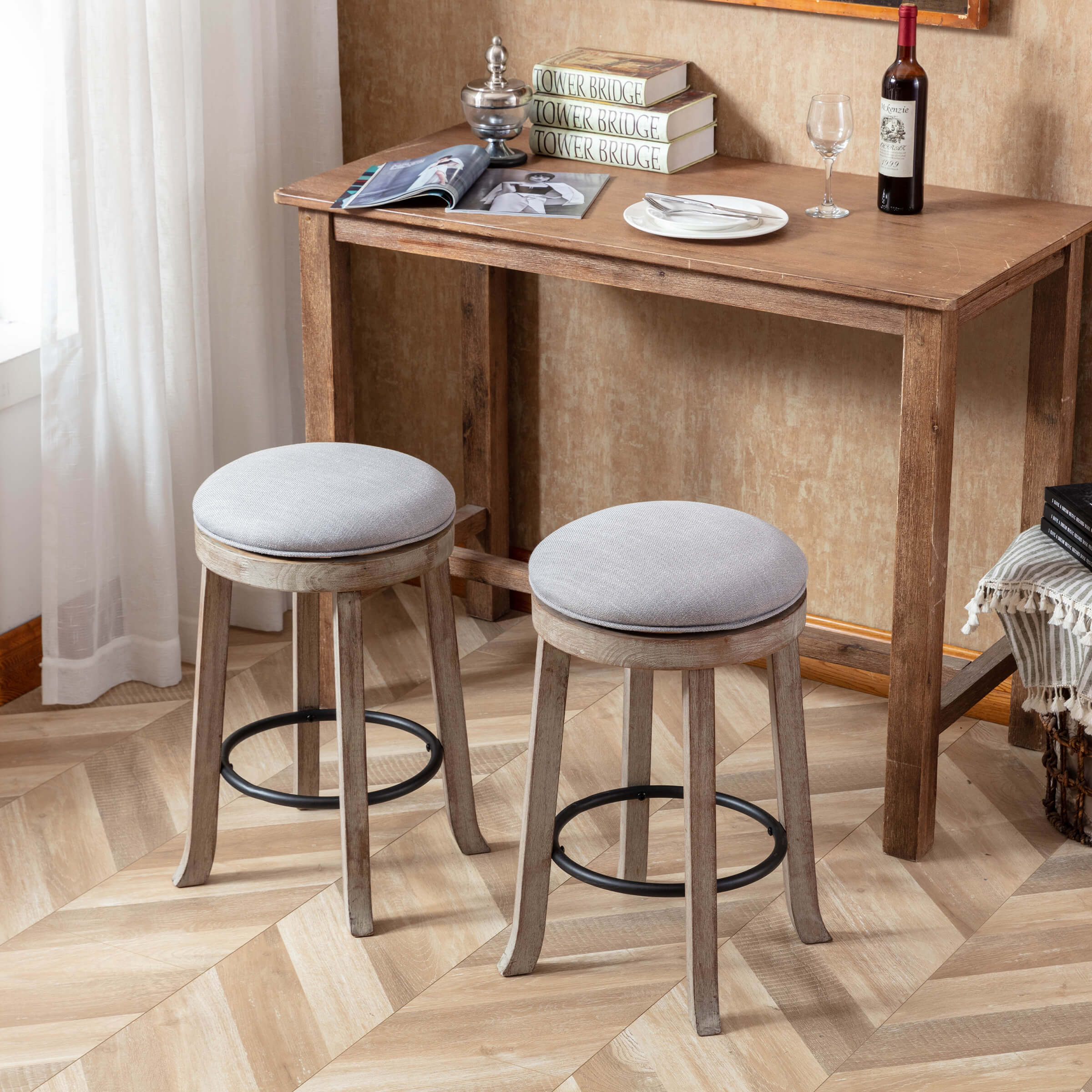 Two stools at a wooden dining table