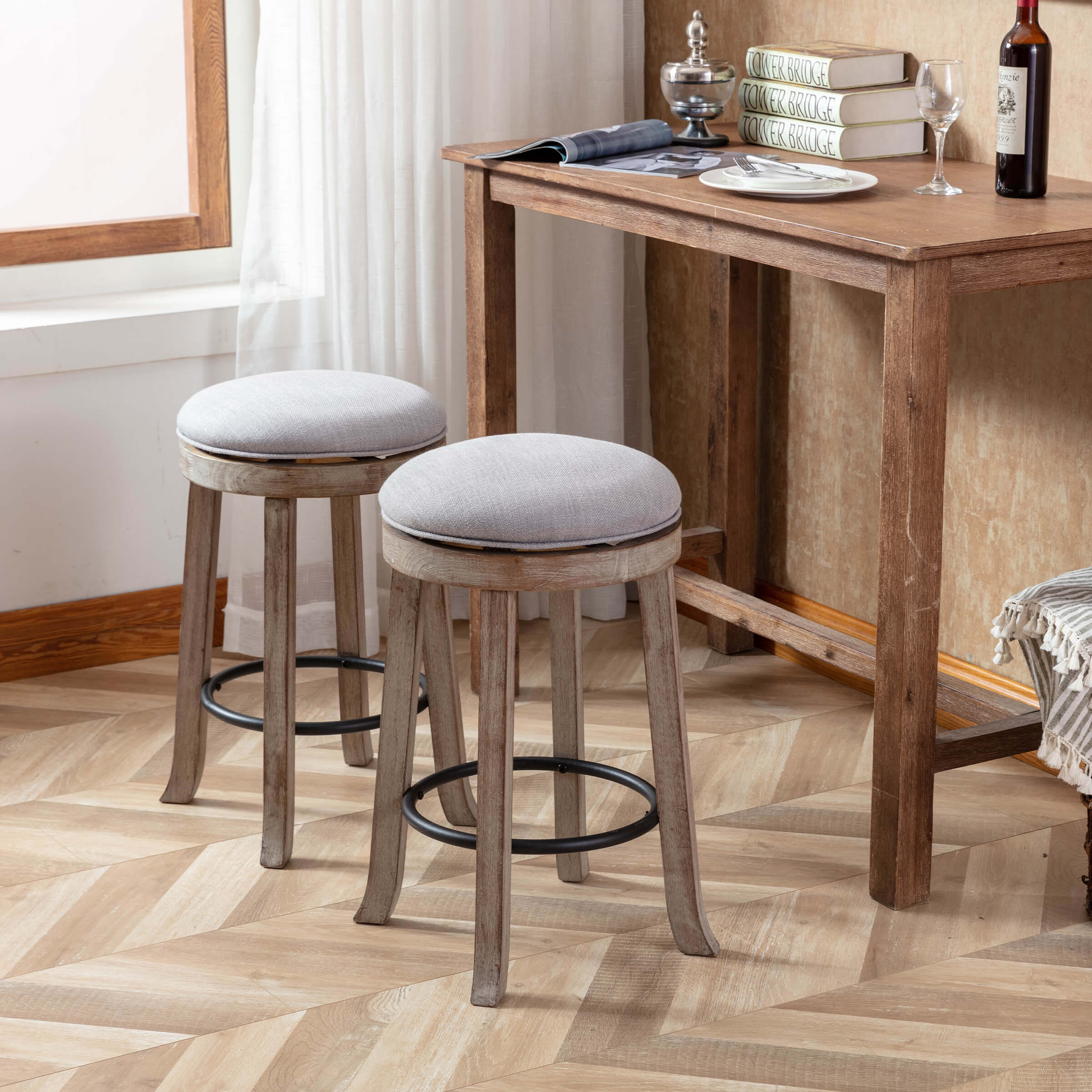 Two stools beside a wooden counter