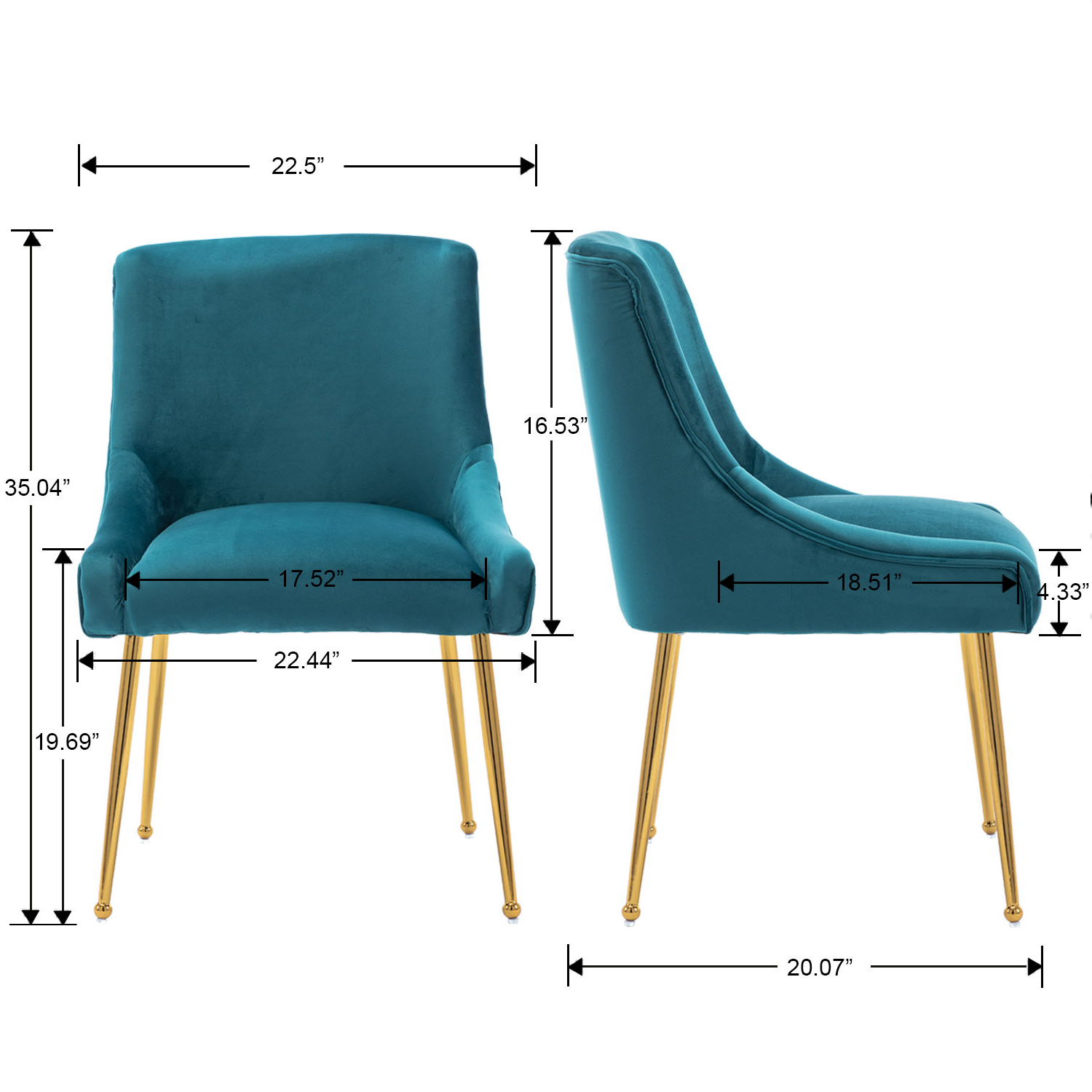 Angled measurement diagram of teal chair